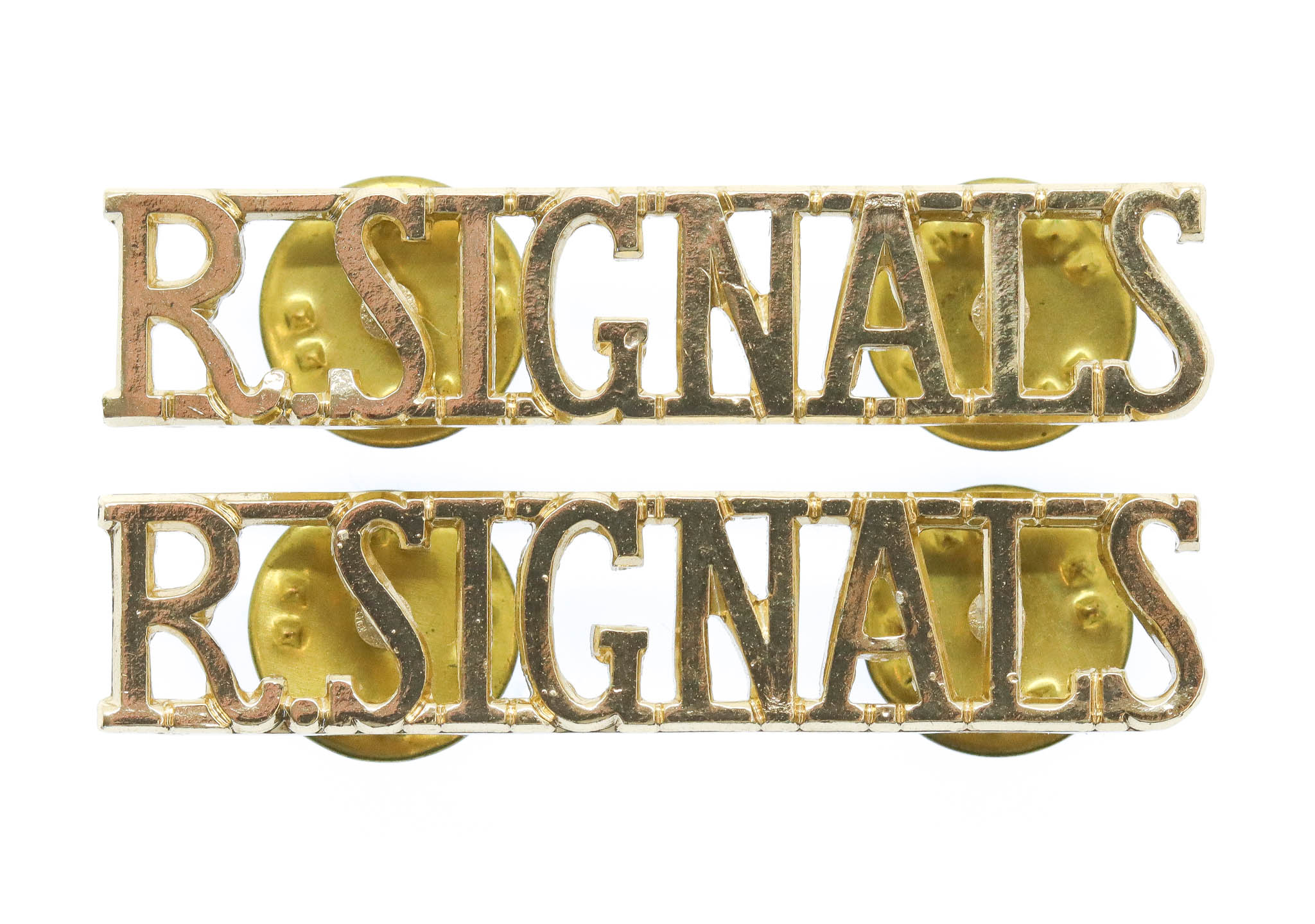Pair of Royal Signals (R.SIGNALS) Anodised (Staybrite) Shoulder Titles