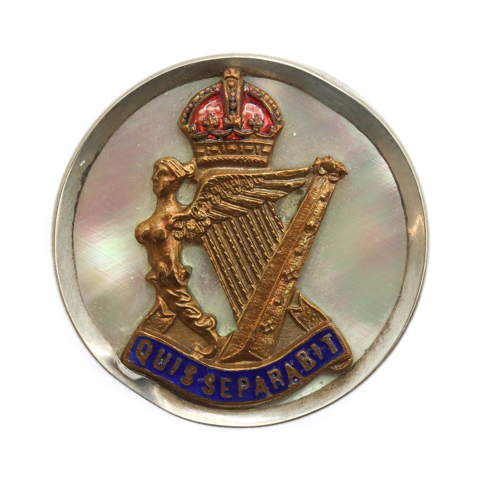 Royal Irish Rifles Mother of Pearl & Sterling Silver Rim Sweetheart Brooch