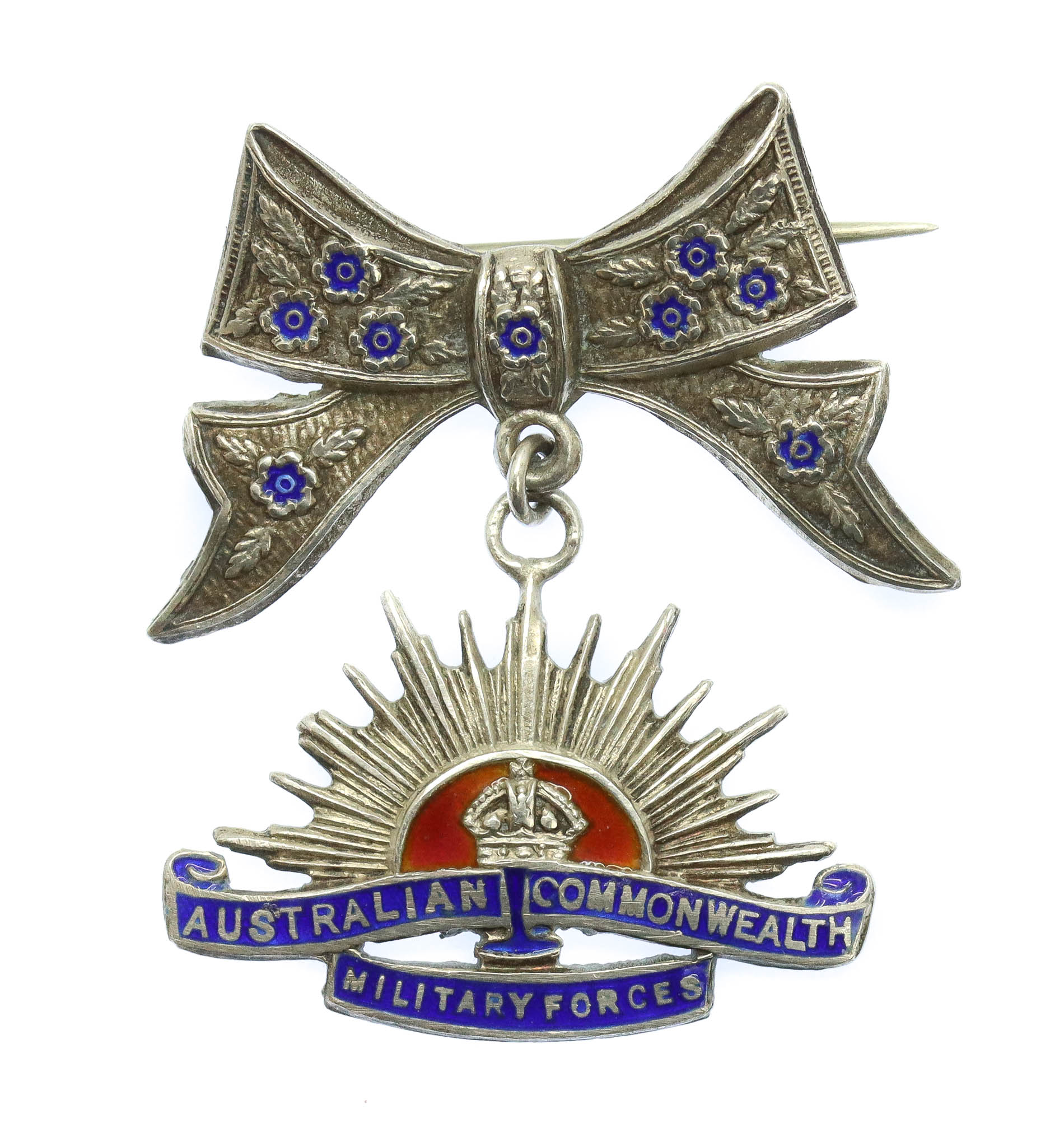 WWI Australian Commonwealth Military Forces Sterling Silver & Enamel Bow Suspension Sweetheart Brooch