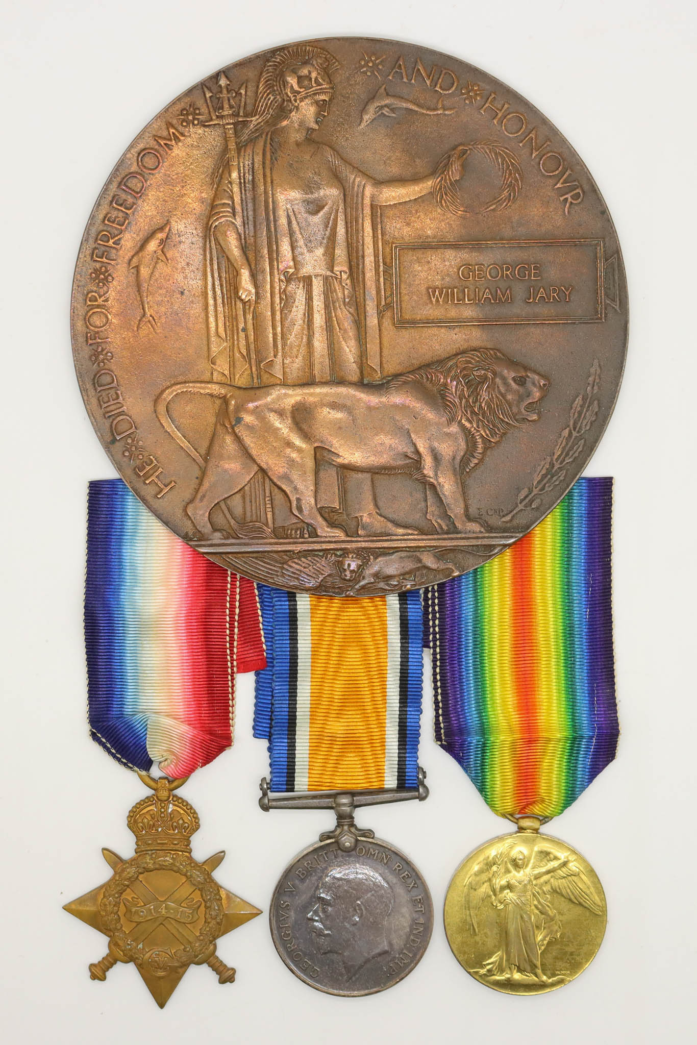 WW1 1914-15 Star Medal Trio and Memorial Plaque - Pte. G.W. Jary, 1st/6th Bn. Durham Light Infantry - K.I.A.