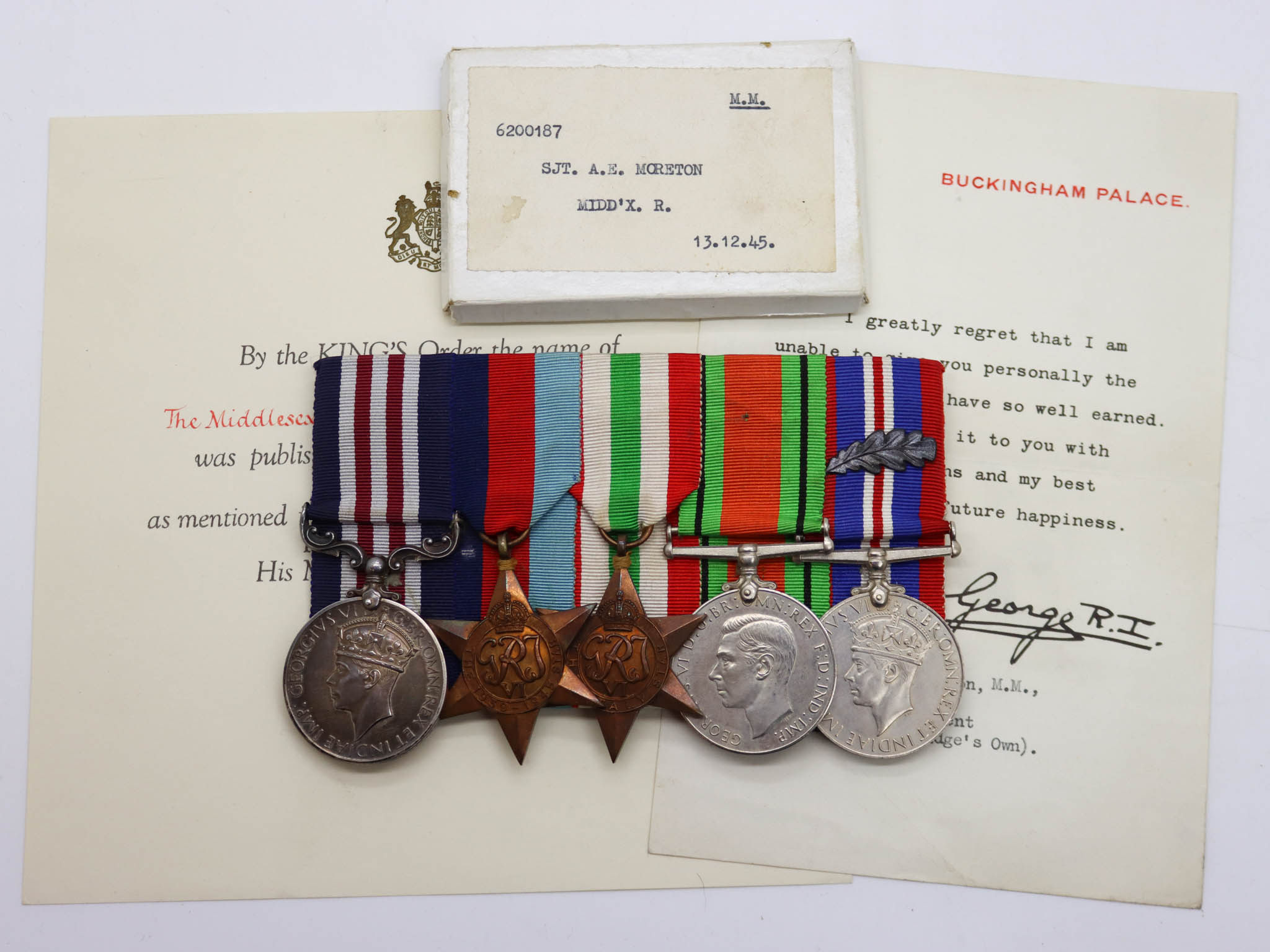 WW2 Military Medal and MID Group of Five - Sgt. A.E. Morley, Middlesex Regiment