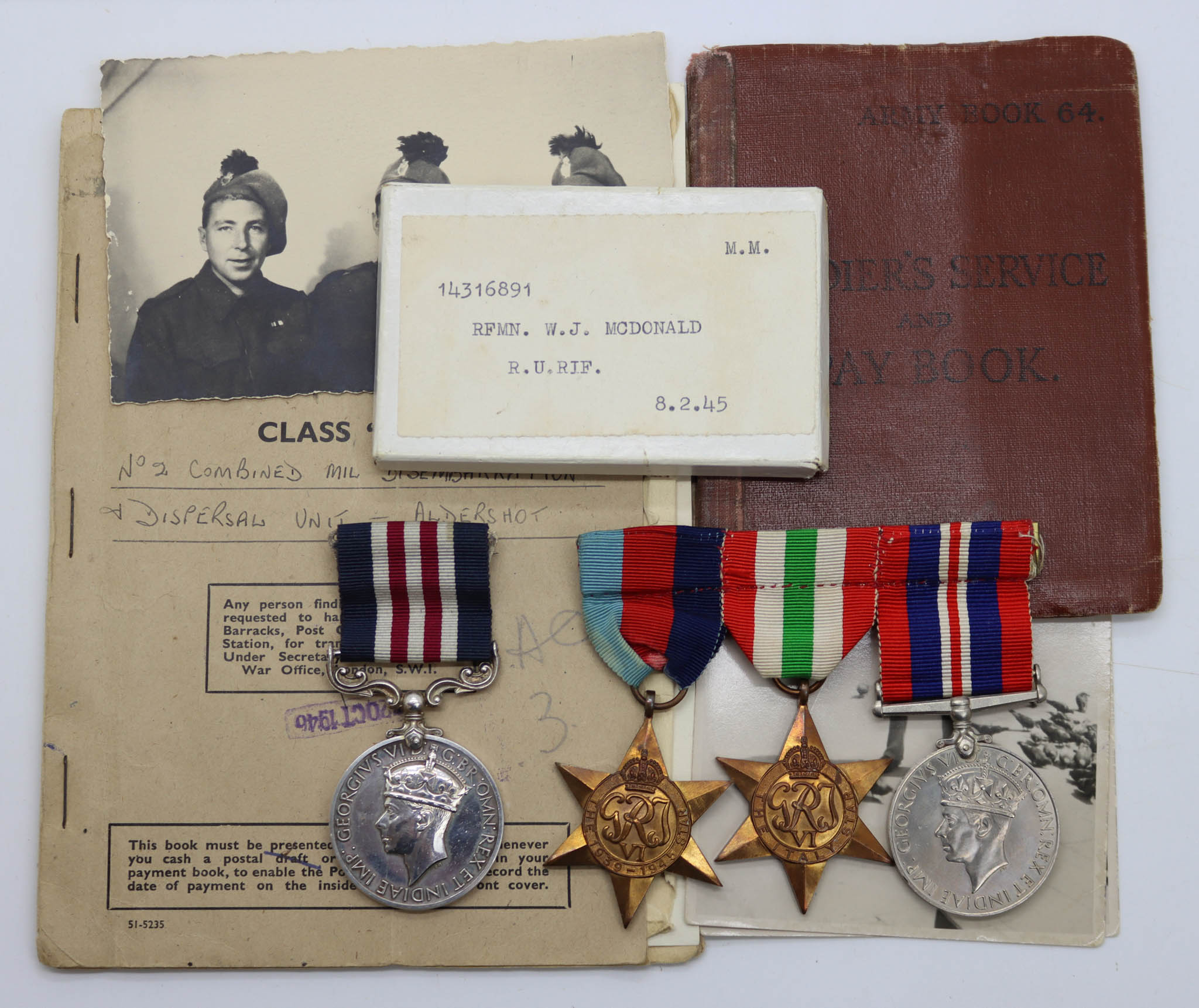 WW2 Military Medal (Immediate Award), 1939-45 Star, Italy Star and War Medal Group of Four - Rfmn. W.J. McDonald, 1st Bn. London Irish Rifles (Royal Ulster Rifles)