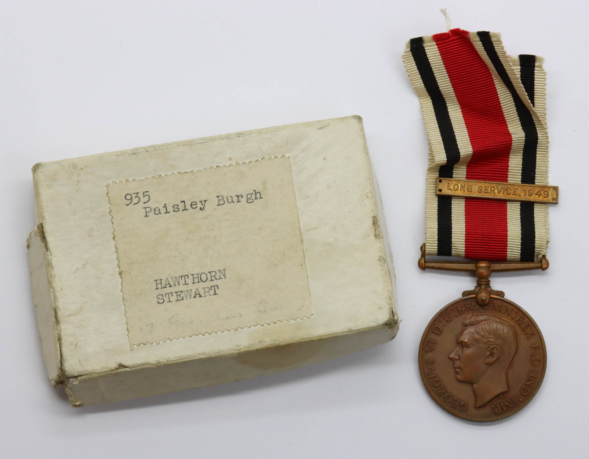 George VI Special Constabulary Long Service Medal with 1949 Bar and Box of Issue - Hawthorn Stewart, Paisley Burgh Special Constabulary