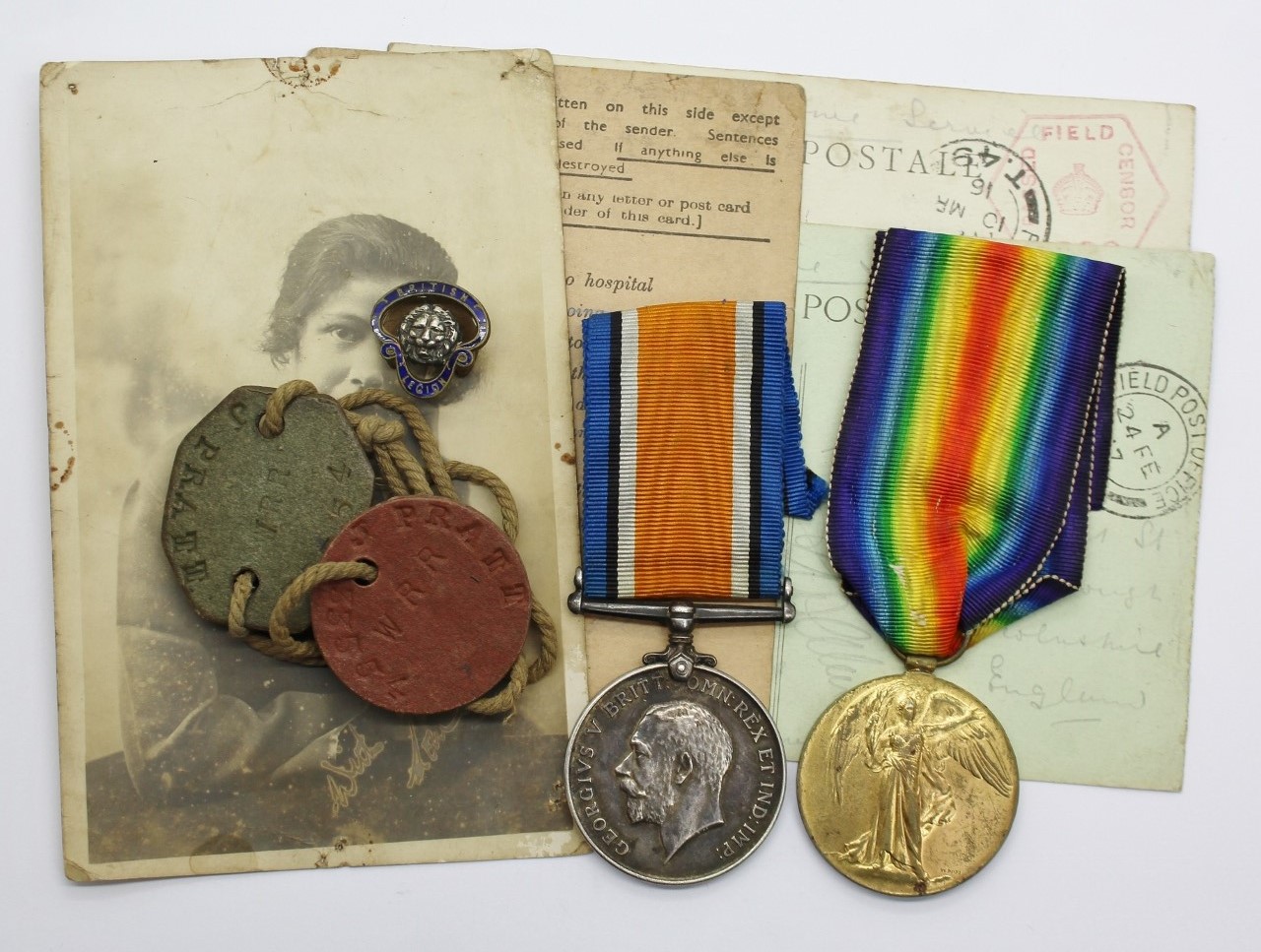 WW1 British War & Victory Medal Pair with Dog Tags and Postcards - Pte. E.J. Pratt, West Riding Regiment