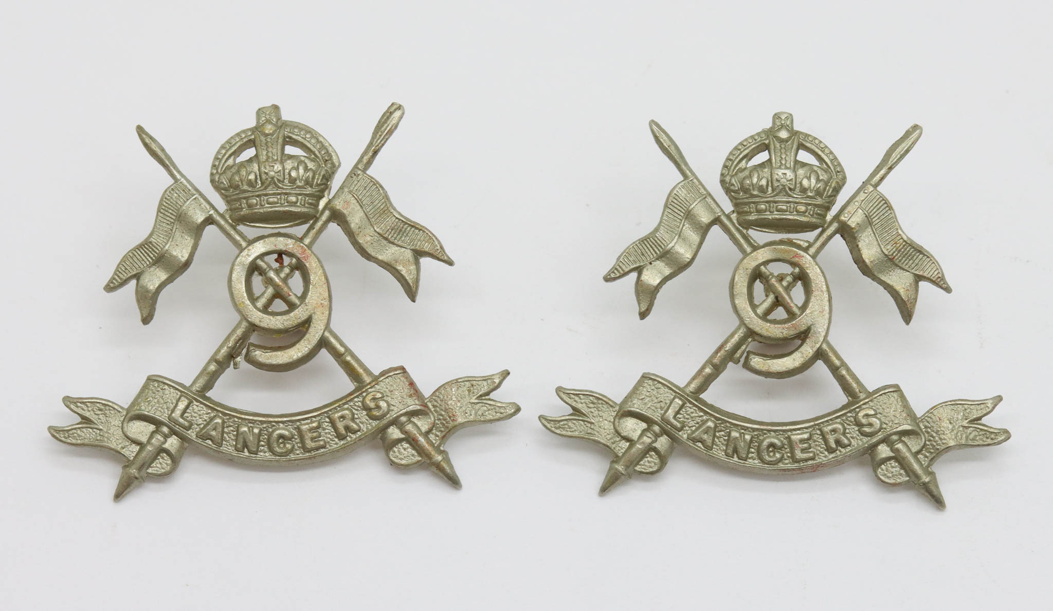 Pair of 9th Lancers Collar Badges - King's Crown