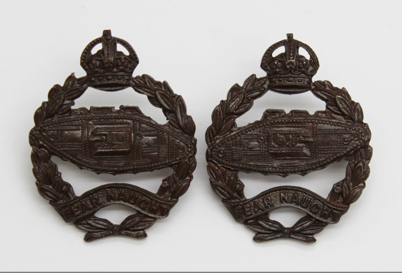 Pair of Royal Tank Regiment Officer's Service Dress Collar Badges - King's Crown