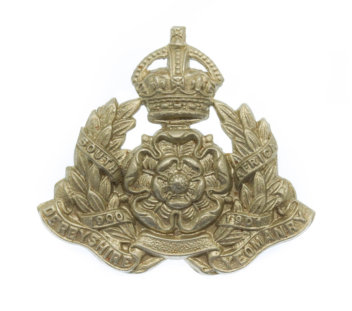 Derbyshire Yeomanry White Metal Collar Badge - King's Crown