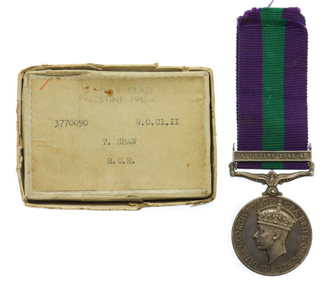 General Service Medal (Clasp - Palestine 1945-48) - W.O.II. T. Shaw, Royal Ulster Rifles