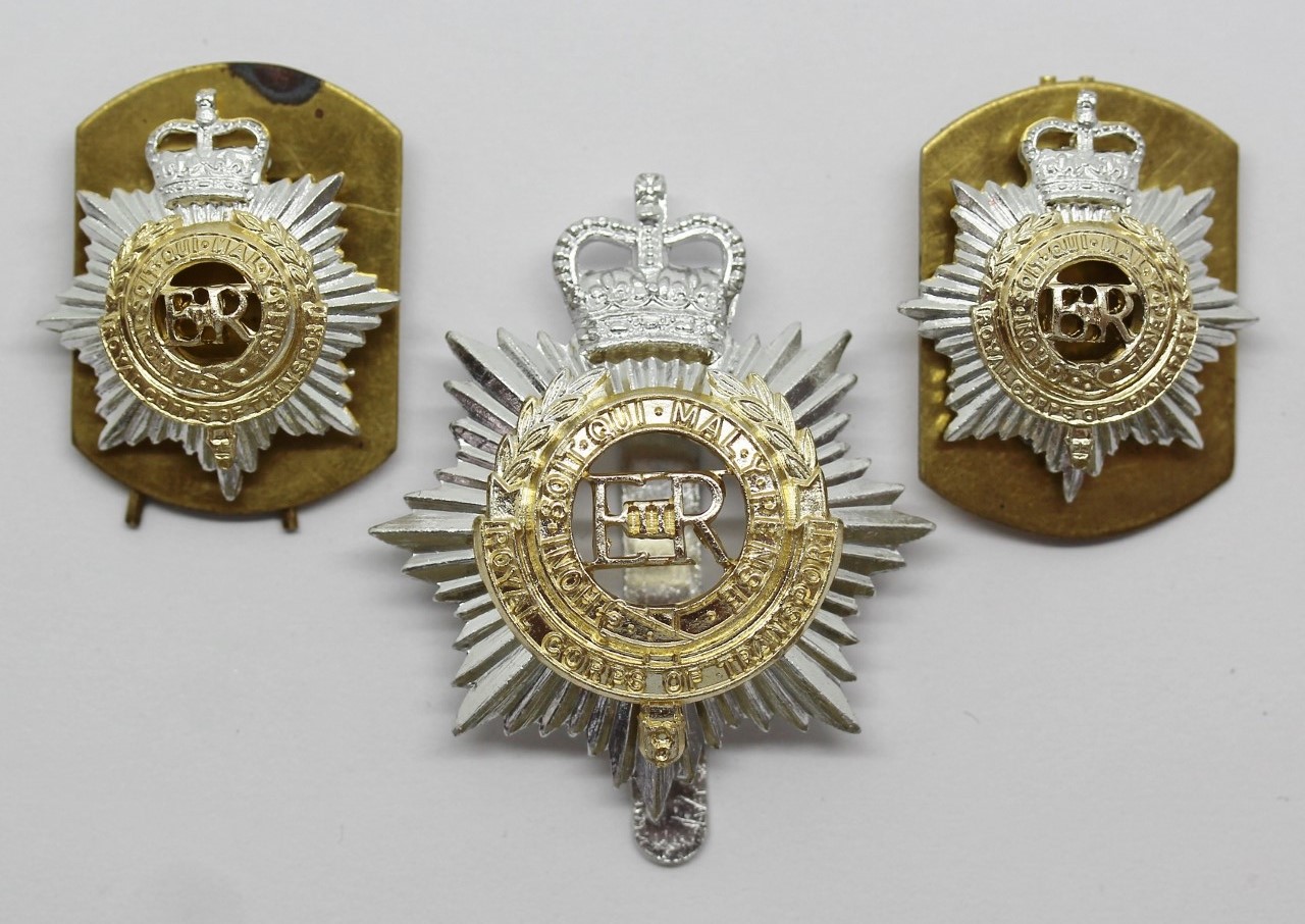 Royal Corps of Transport (R.C.T.) Anodised Cap Badge & Pair of Collars