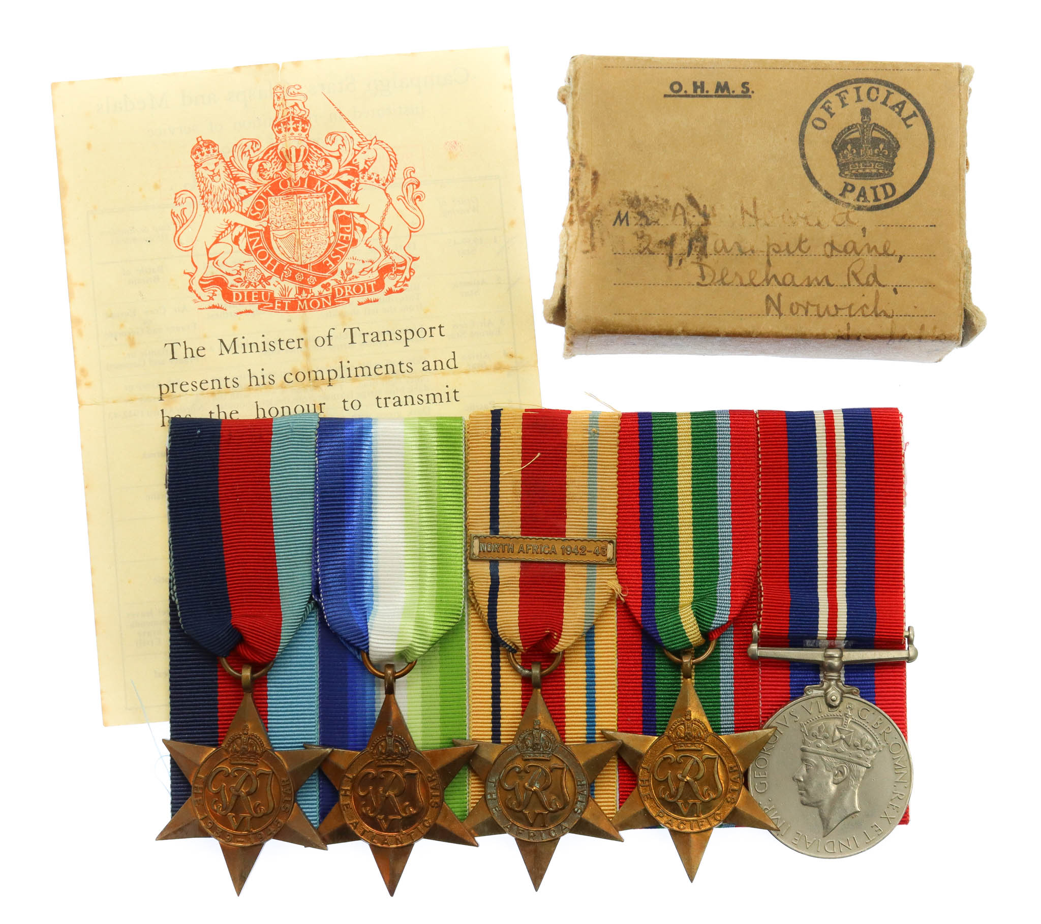 WW2 Merchant Navy Medal Group of Five with Box of Issue & Entitlement Slip - Alfred Harry Howlett