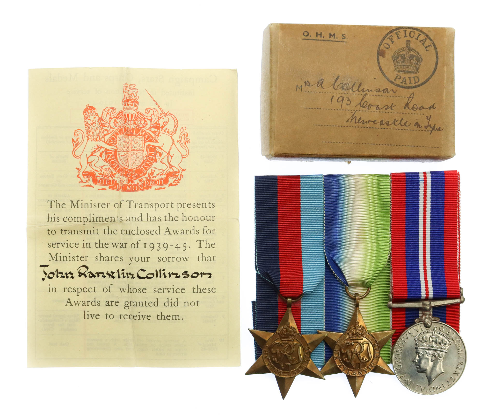 WW2 Merchant Navy Casualty Medal Group of Three - 4th Engineer Officer John Rankin Collinson, S.S. Ashworth, Merchant Navy