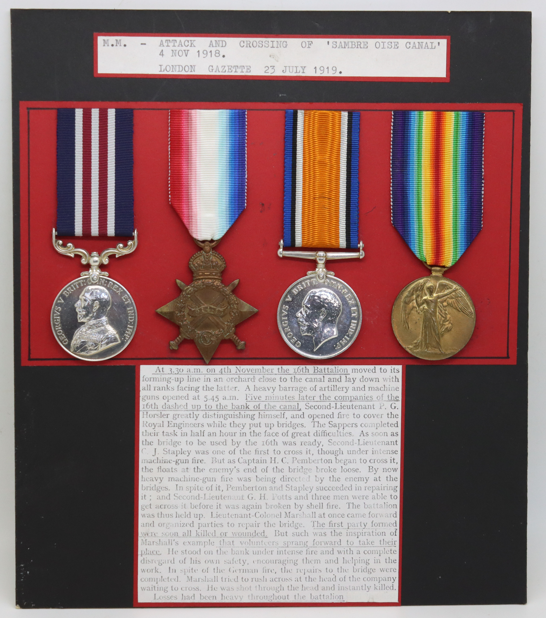 WW1 Military Medal, 1914-15 Star, British War & Victory Medal Group of Four - Pte. J. Moores, 16th (2nd Salford Pals) Bn. Lancashire Fusiliers (Awarded for Attack and Crossing of Sambre Oise Canal Double VC Action)