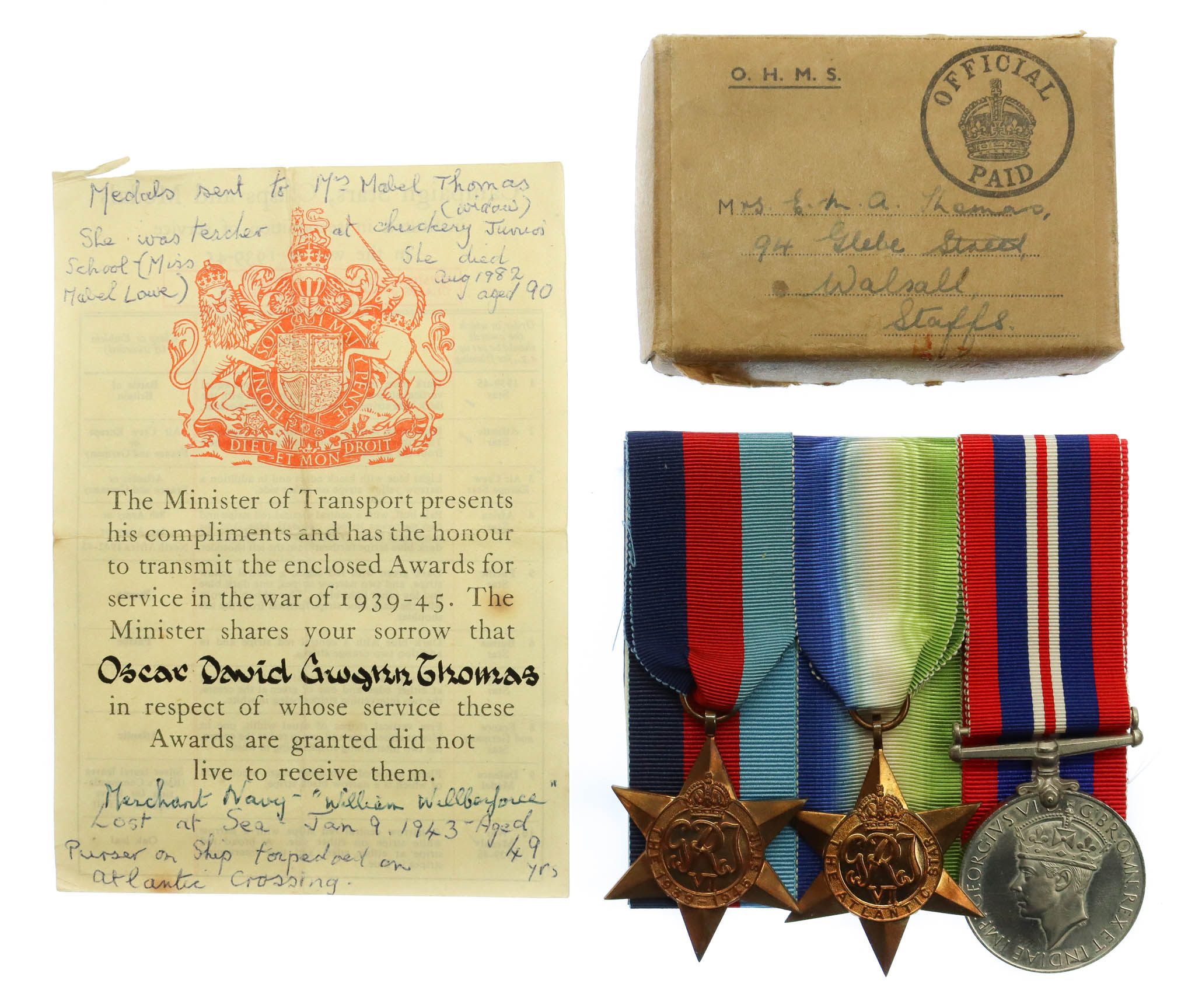 WW2 Merchant Navy Casualty Medal Group of Three with Box of Issue and Condolence Slip - Purser O.D.G. Thomas, Merchant Navy, M.V. William Wilberforce - K.I.A.