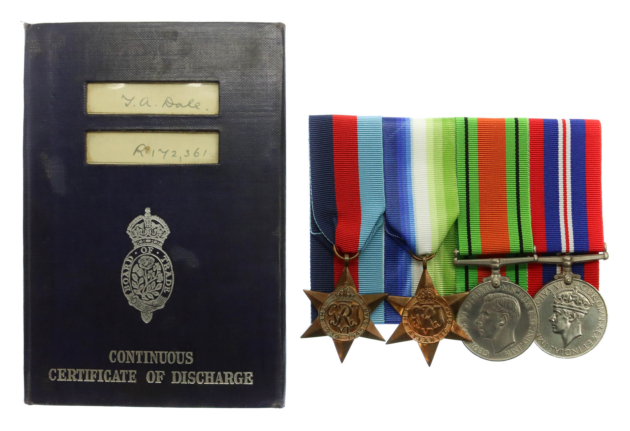 WW2 Merchant Navy Medal Group of Four with Continuous Certificate of Discharge - 3rd Eng. T.A. Dale, M.V. Vancouver City, Merchant Navy