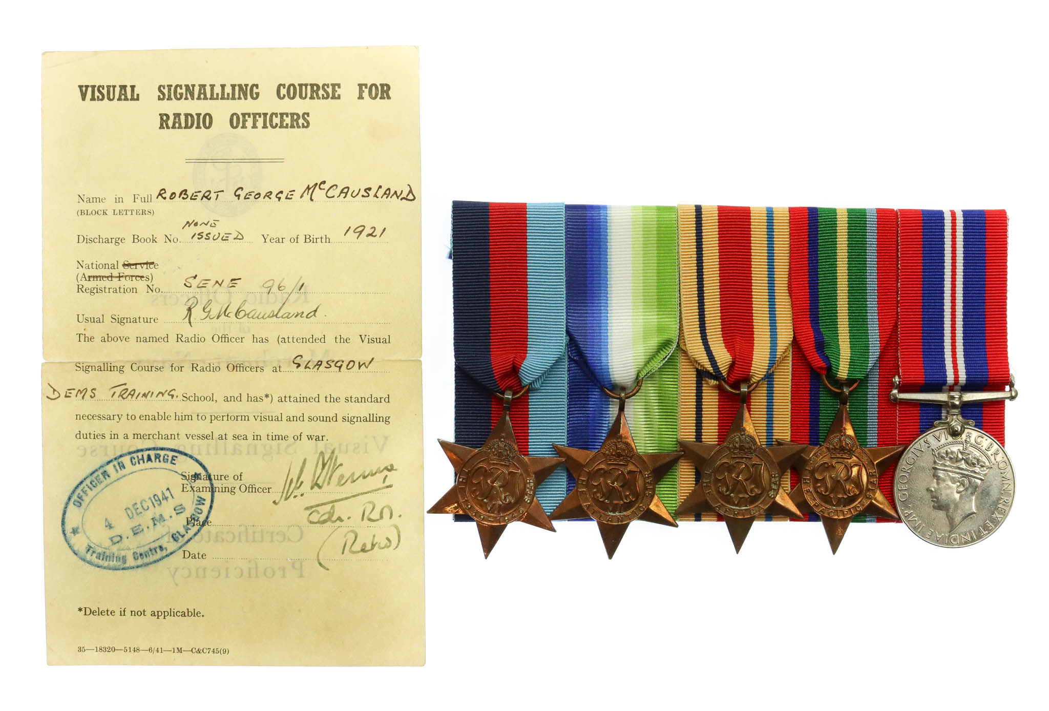 WW2 Merchant Navy Medal Group of Five with Radio Oficer's Visual Signalling Course Certificate of Proficiency - Robert George McCausland, Merchant Navy