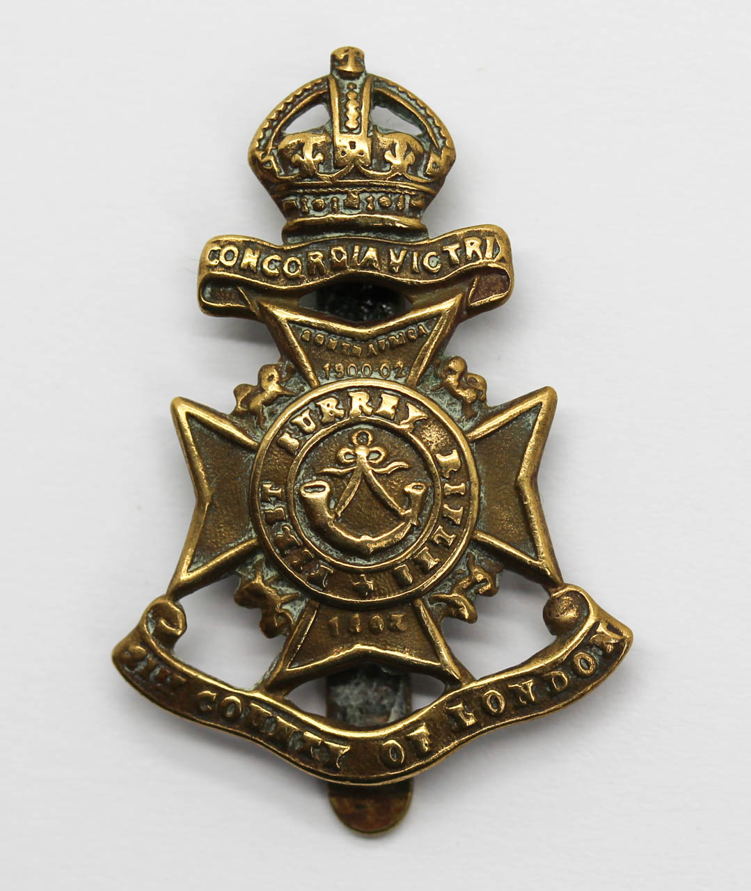 21st County of London Bn. (First Surrey Rifles) London Regiment Cap Badge - King's Crown