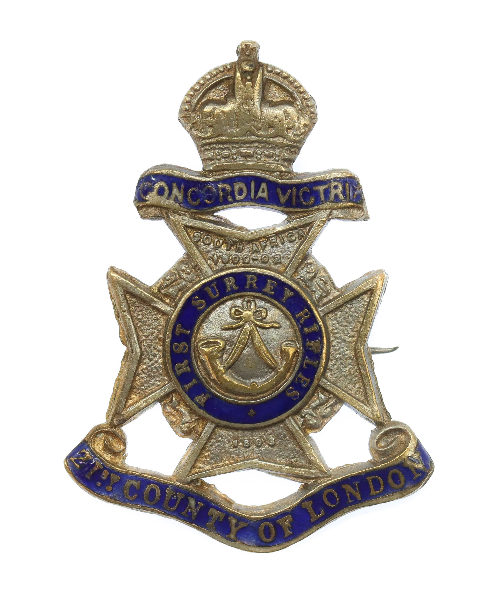 21st County of London (First Surrey Rifles) London Regiment Enamelled Sweetheart Brooch - King's Crown