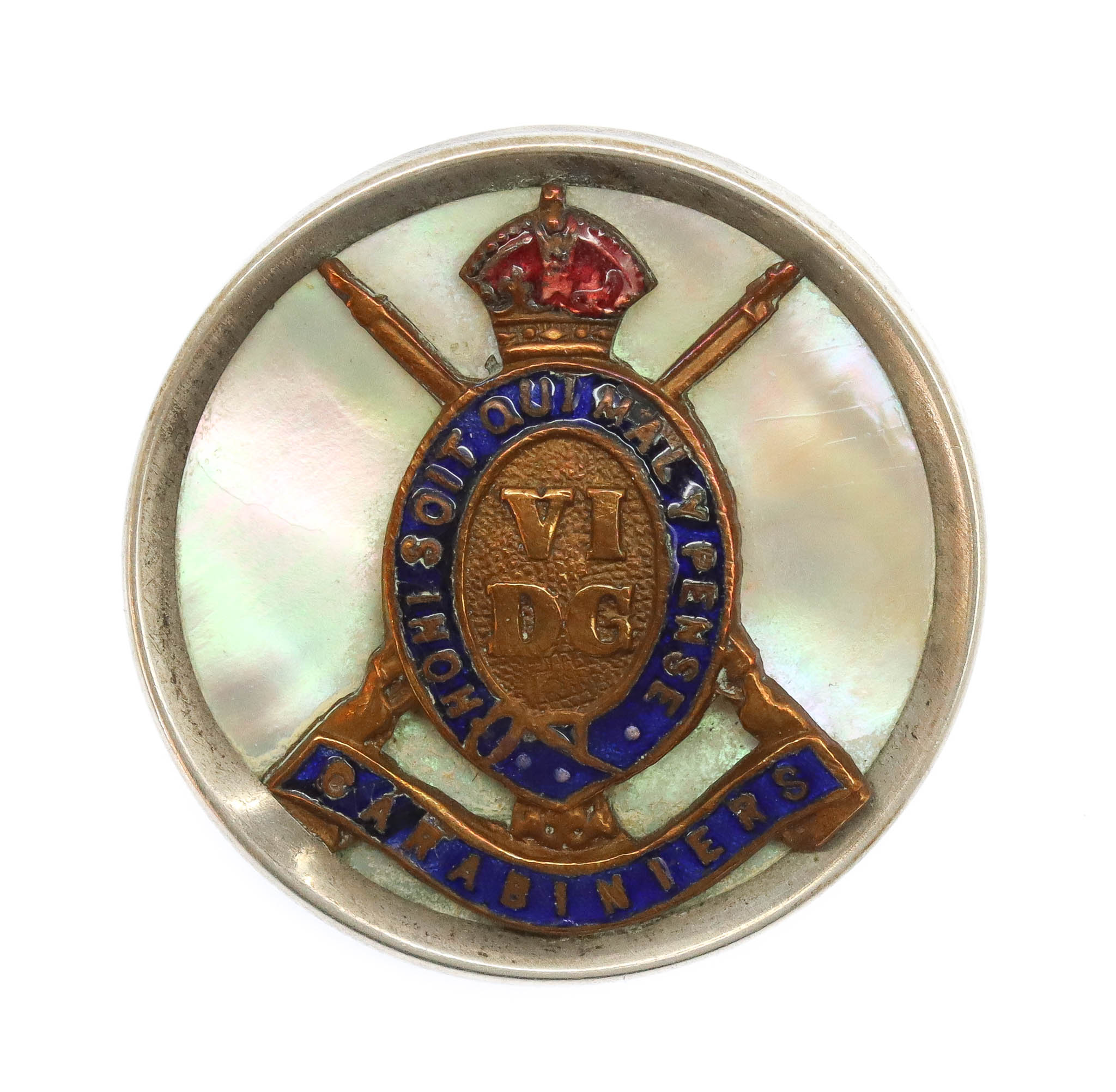 6th Dragoon Guards (Carabiniers) Mother of Pearl & Silver Rim Sweetheart Brooch