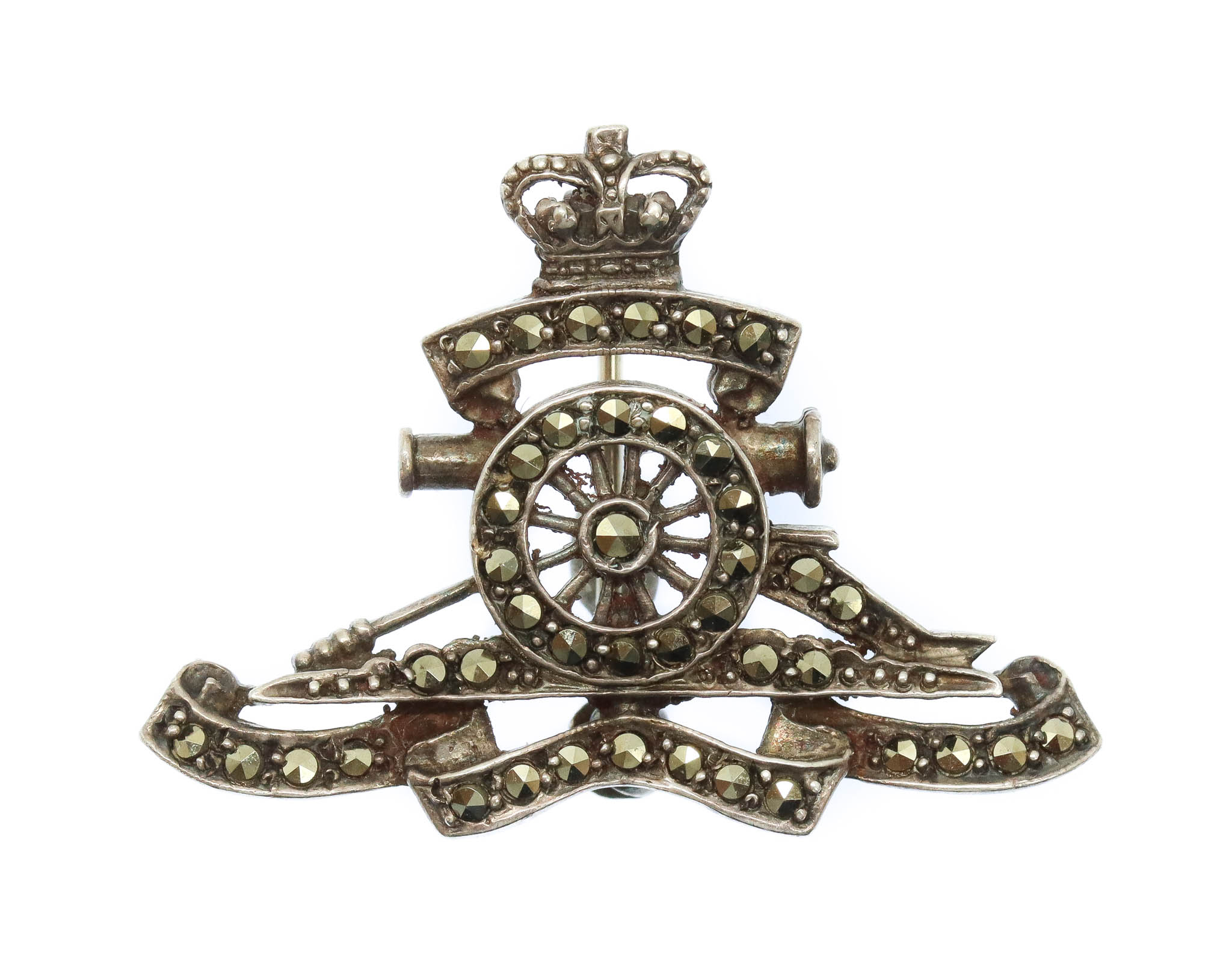 Royal Artillery Silver & Marcasite Sweetheart Brooch - Queen's Crown