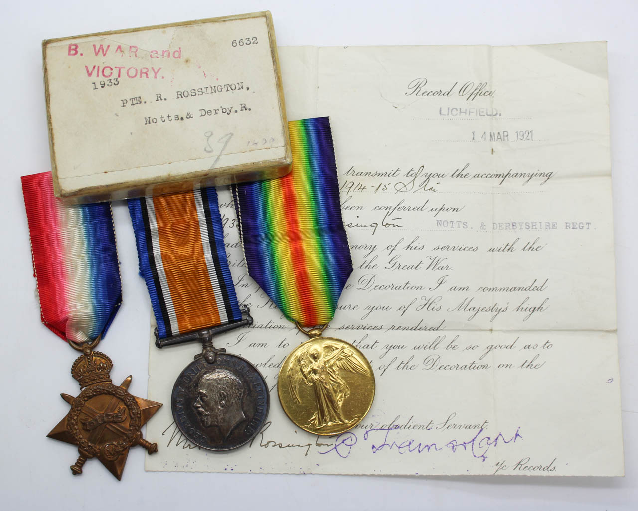 WW1 1914-15 Star Medal Trio - L.Cpl. R. Rossington, 2nd Bn. Notts & Derby Regiment (Sherwood Foresters) - Died of Wounds
