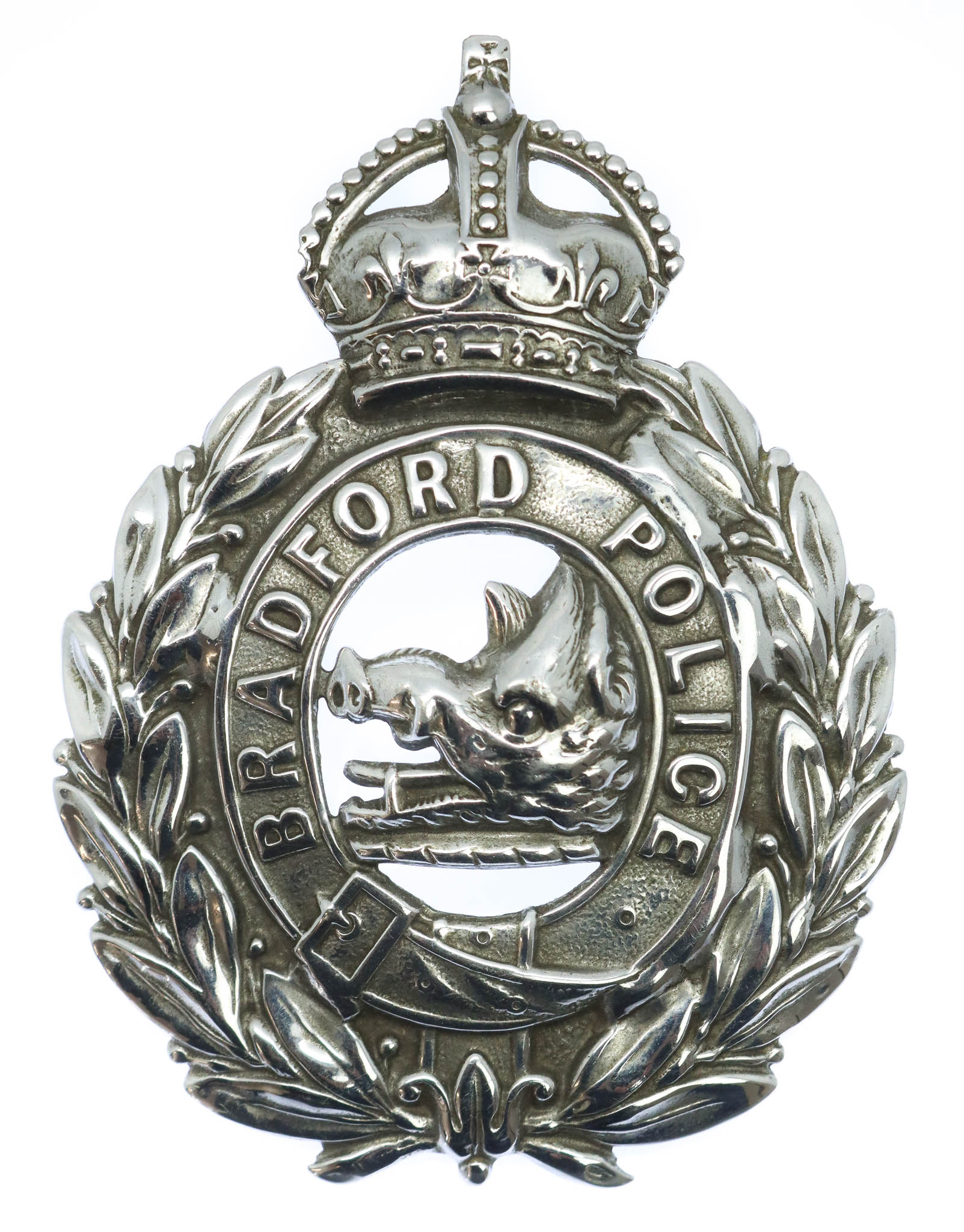 Bradford City Police Chrome Wreath Helmet Plate - King's Crown