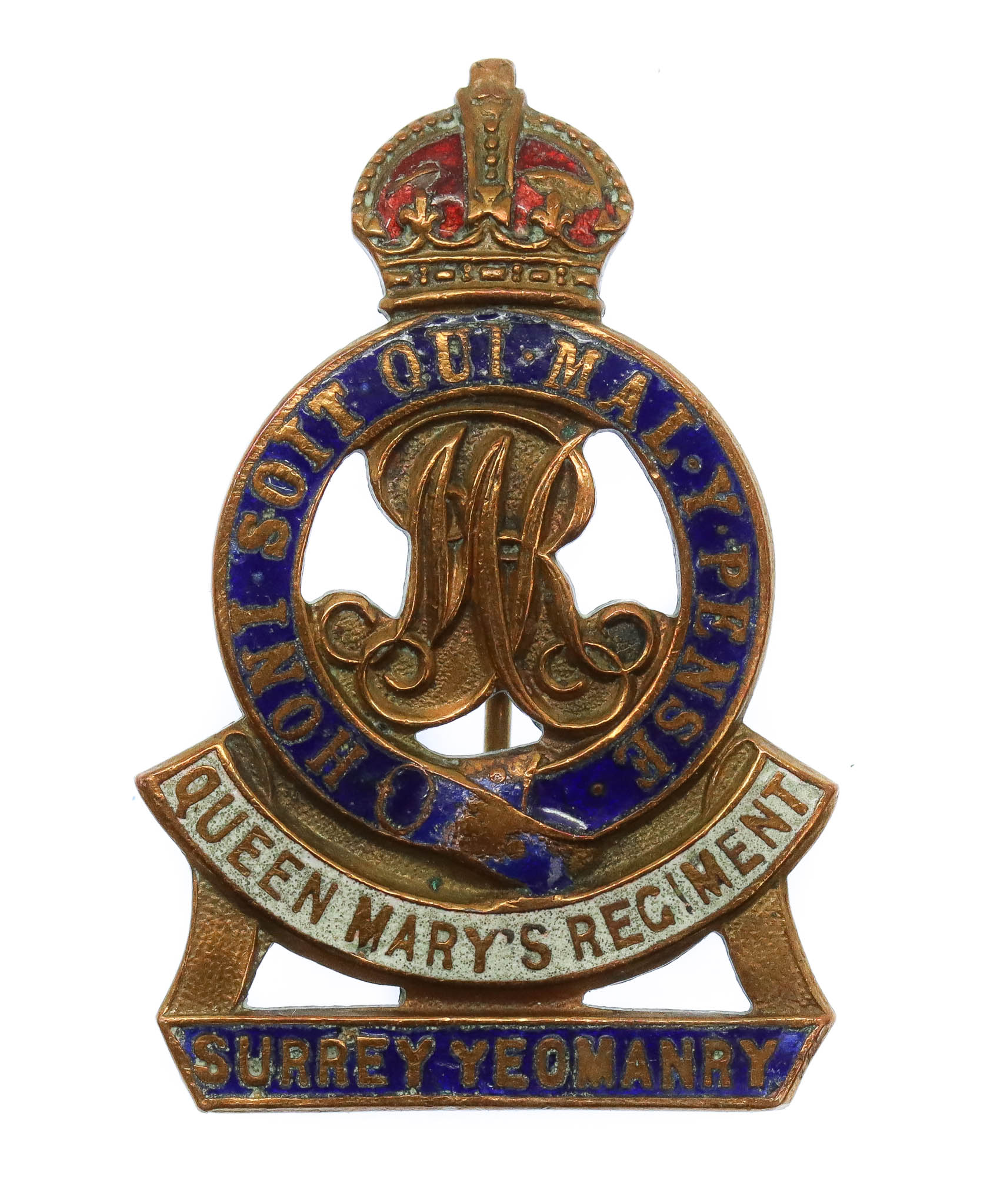 WWI Surrey Yeomanry (Queen Mary's Regiment) Brass & Enamel Sweetheart Brooch