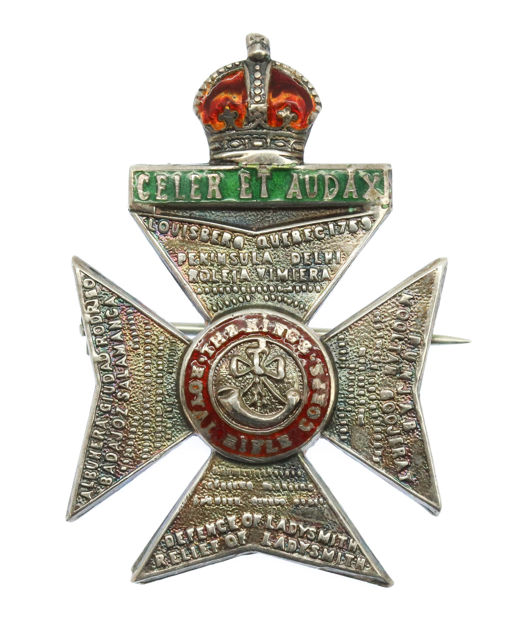 King's Royal Rifle Corps (K.R.R.C.) Sterling Silver & Enamel Sweetheart Brooch 