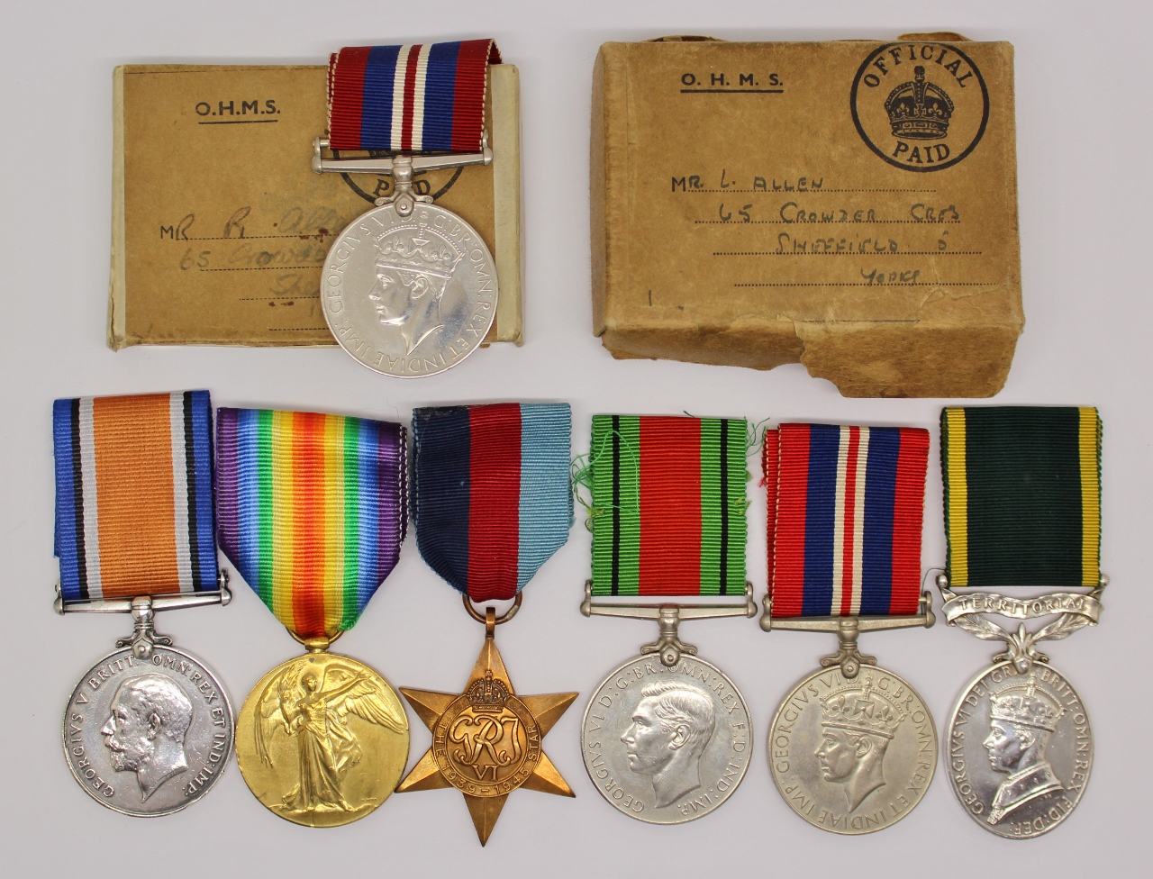 WW1 British War & Victory Medal, WW2 and Territorial Efficiency Medal Group - Pte. L. Allen, 12th ( Sheffield City Pals) Bn. York & Lancaster Regiment & Royal Army Ordnance Corps