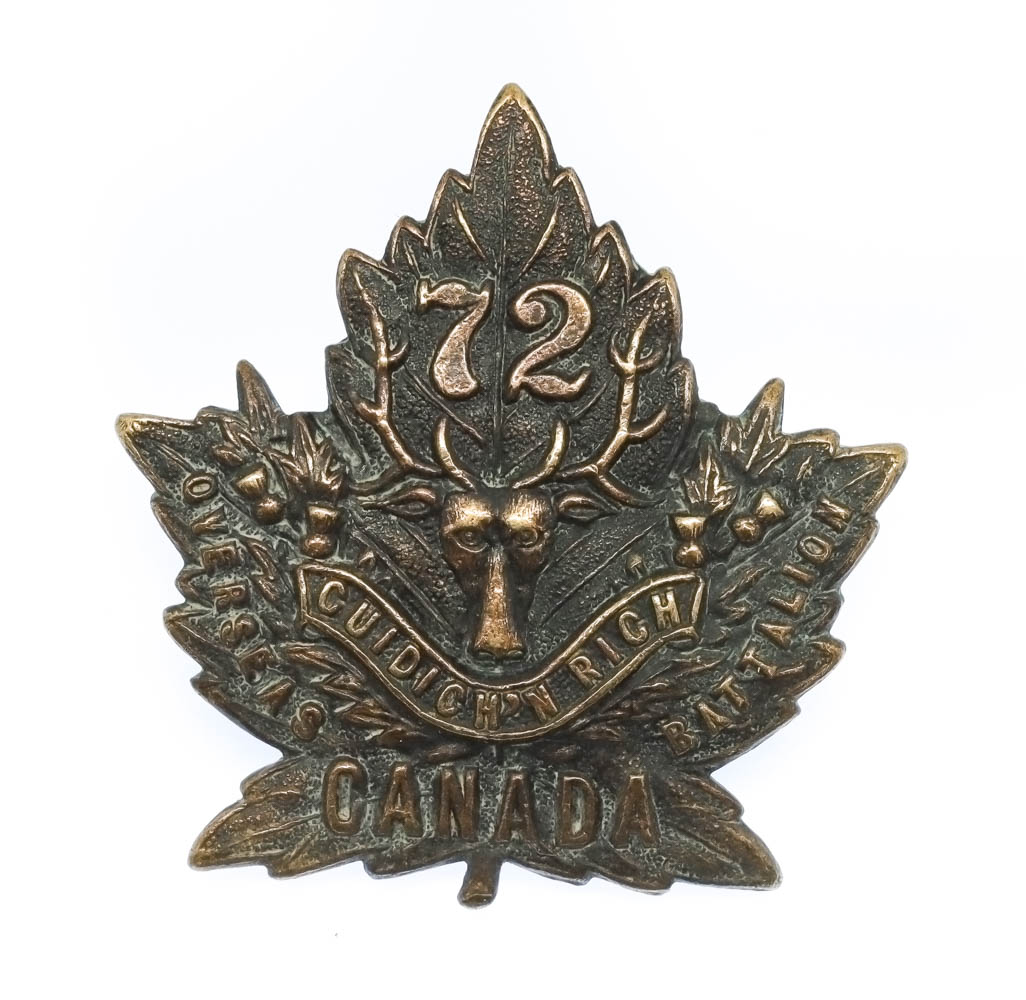 Canadian 72nd (Vancouver) Infantry Bn. C.E.F. WWI Cap Badge