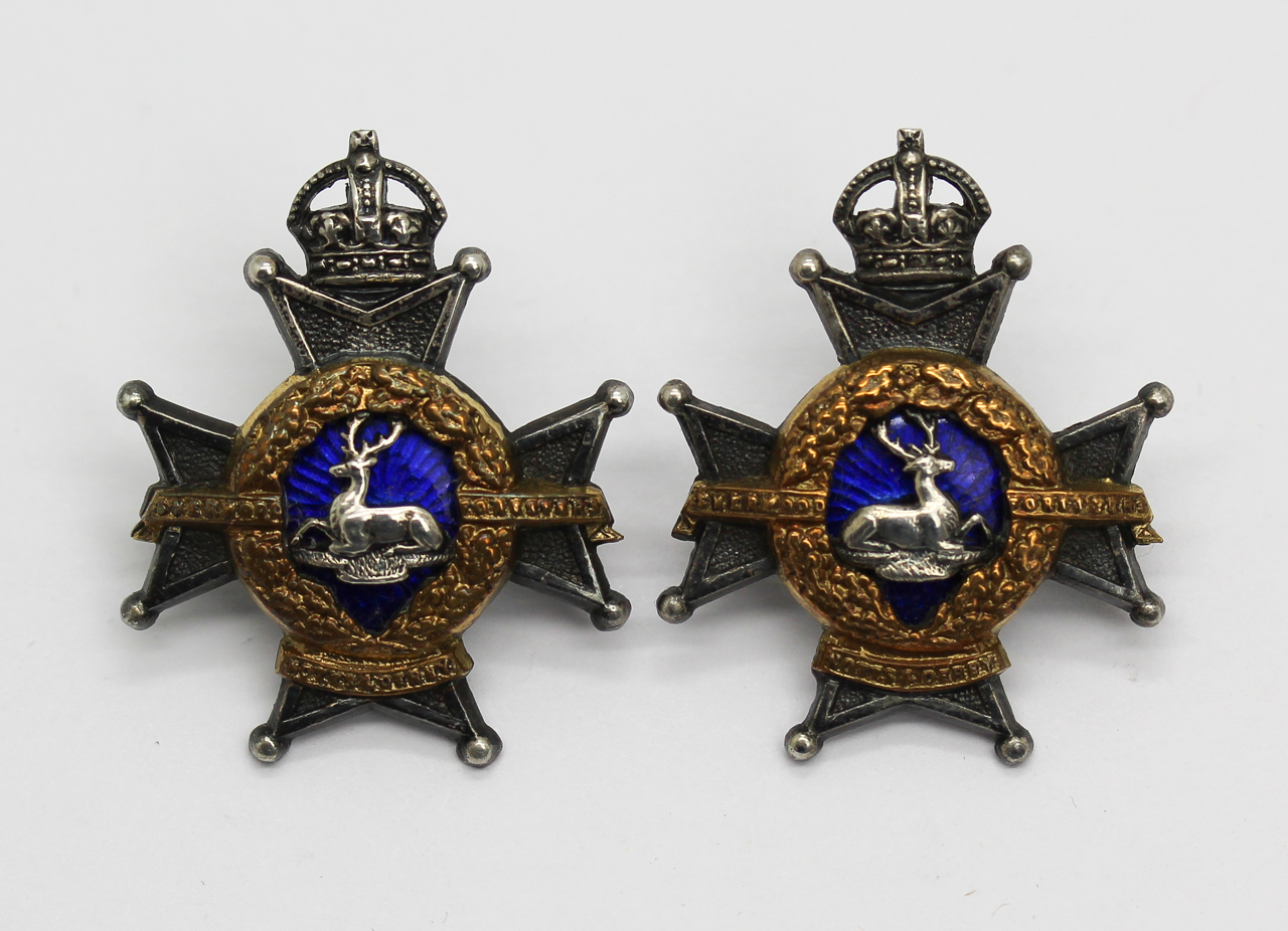 Pair of Notts & Derby Regiment (Sherwood Foresters) Officer's Dress Collar Badge - King's Crown