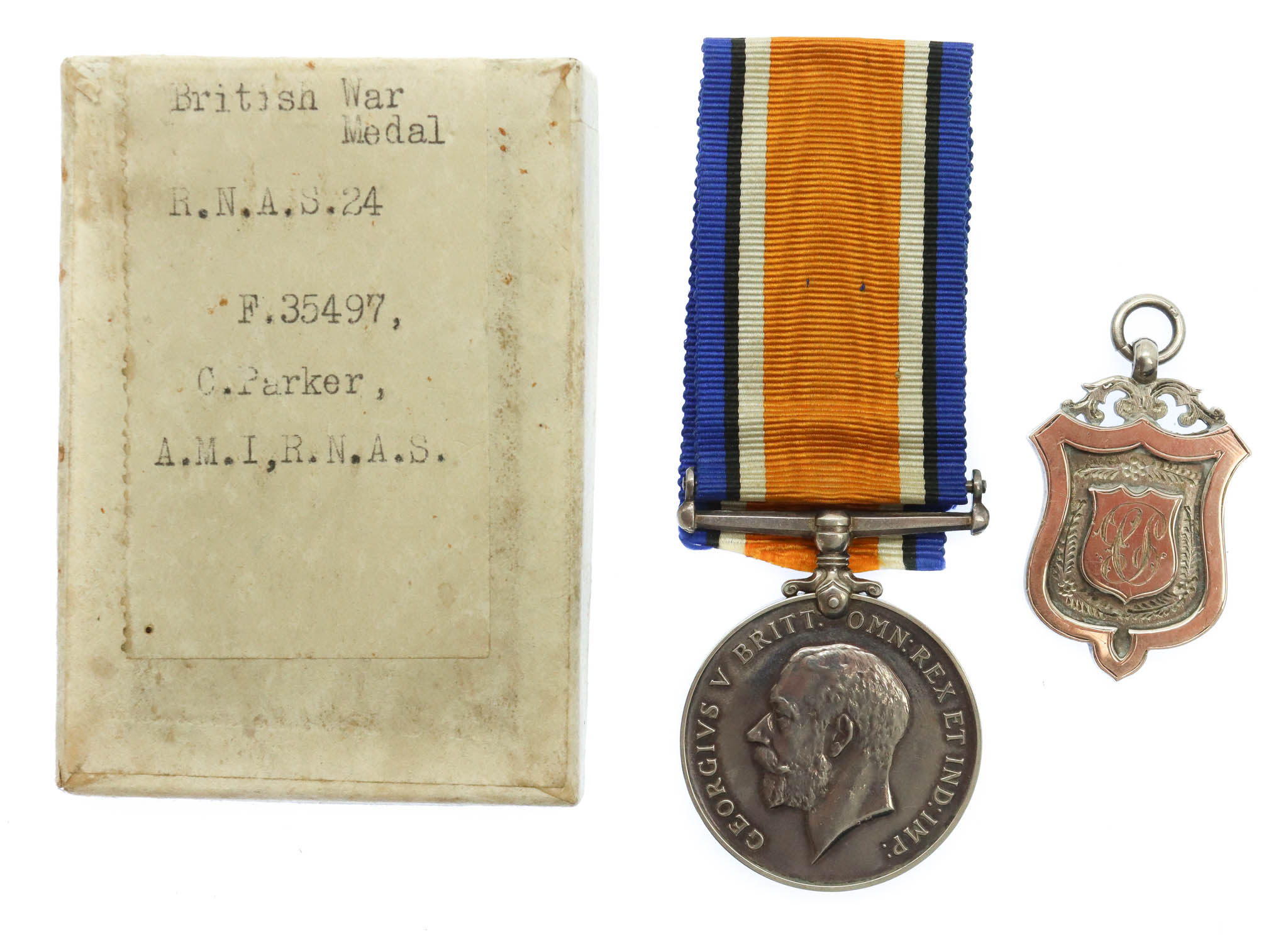 WW1 British War Medal (Sole Entitlement) with Box of Issue and Hallmarked Silver Naval Sports Cranwell Winners Medallion - A.M.1 C. Parker, Royal Naval Air Service