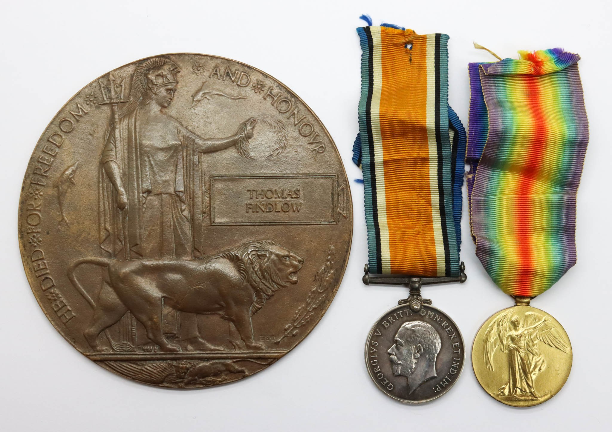 WW1 British War Medal, Victory Medal and Memorial Plaque - Pte. T. Findlow, 1st Bn. South Wales Borderers - K.I.A.