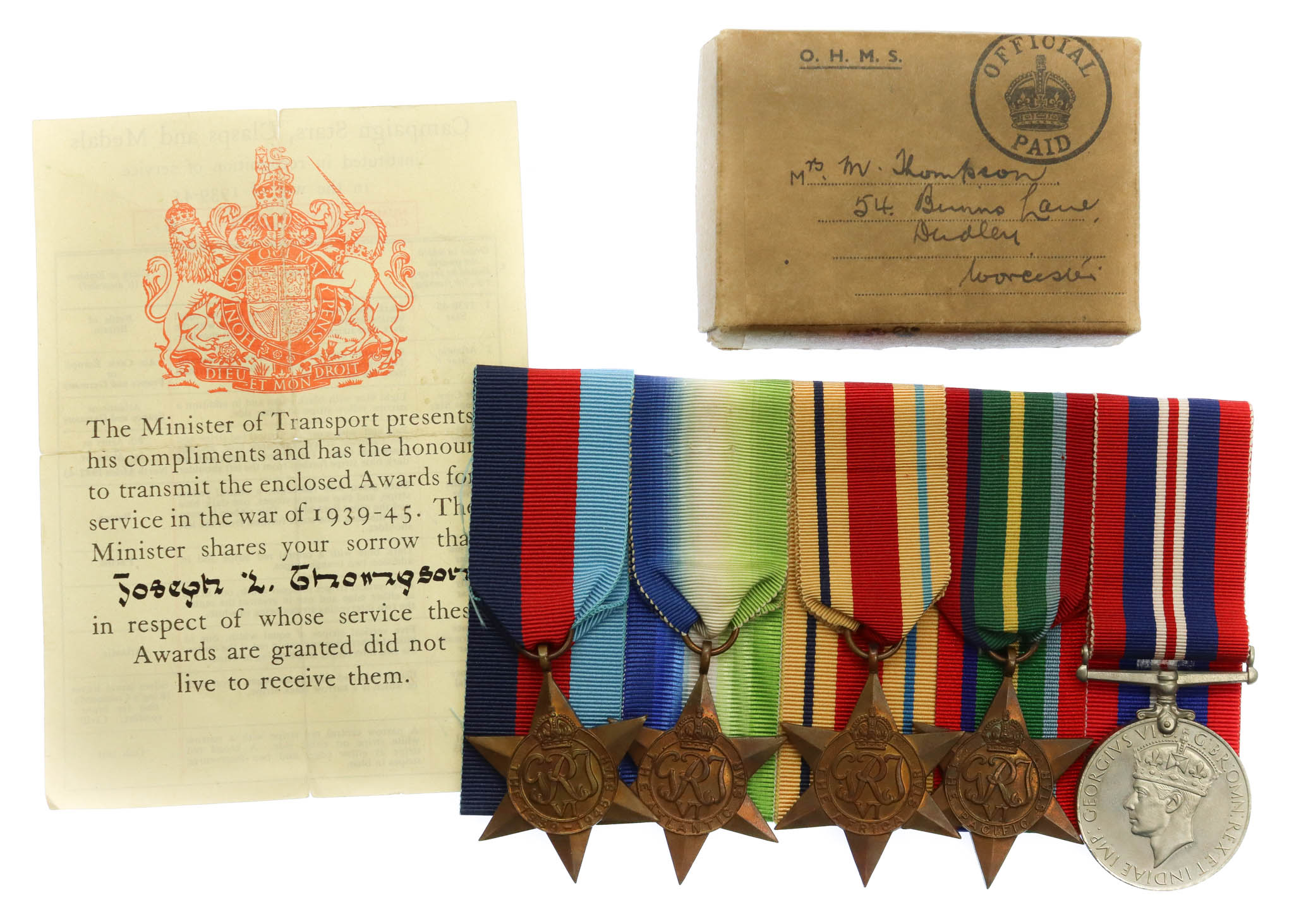 WW2 Merchant Navy Casualty Medal Group of Five - Chief Electrical Artificer J.L. Thompson, M.V. Port Victor, Merchant Navy