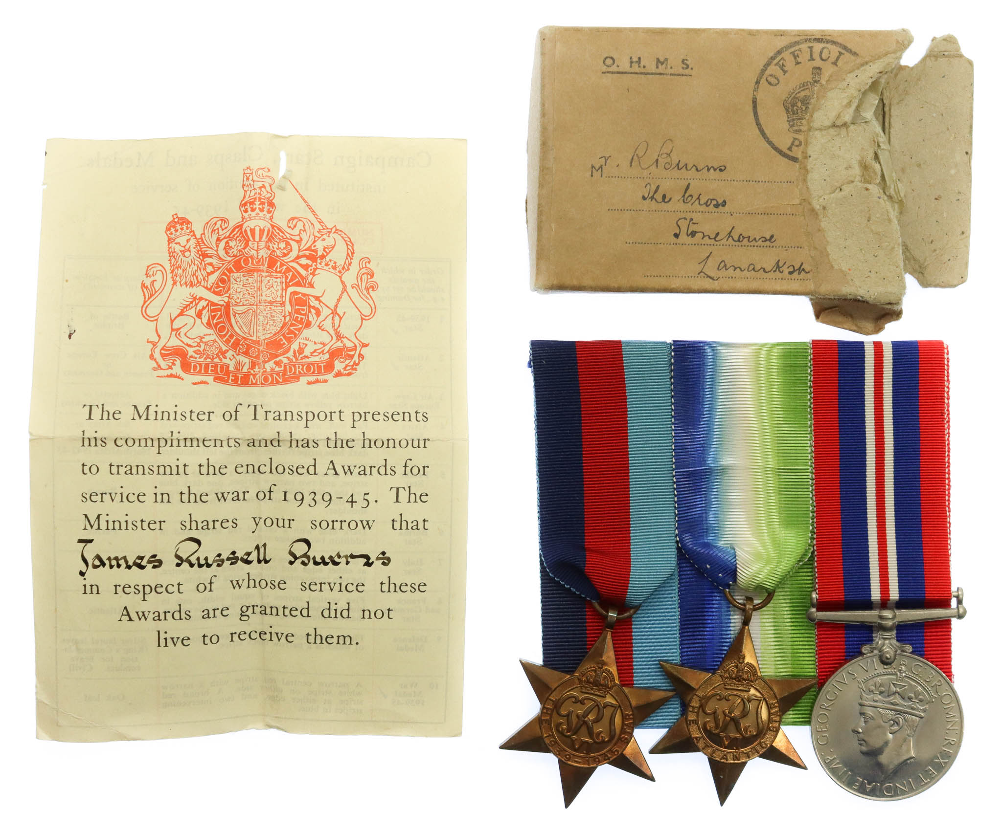 WW2 Merchant Navy Casualty Medal Group of Three - 3rd Radio Officer James Russell Burns, S.S. Empire Ability, Merchant Navy