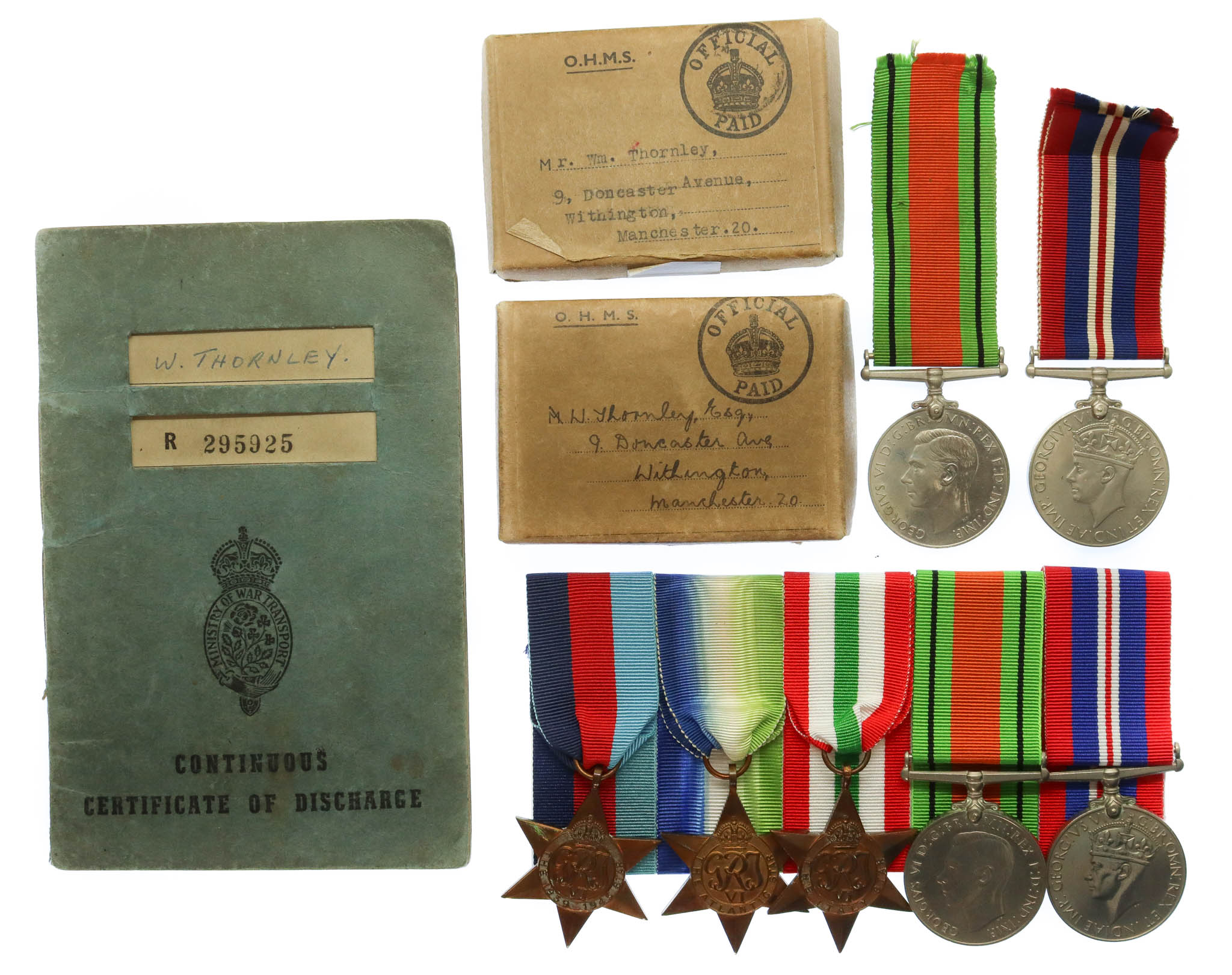 WW2 Merchant Navy Medal Group of Five with Fathers Defence & War Medal - Engineer W. Thornley, Merchant Navy
