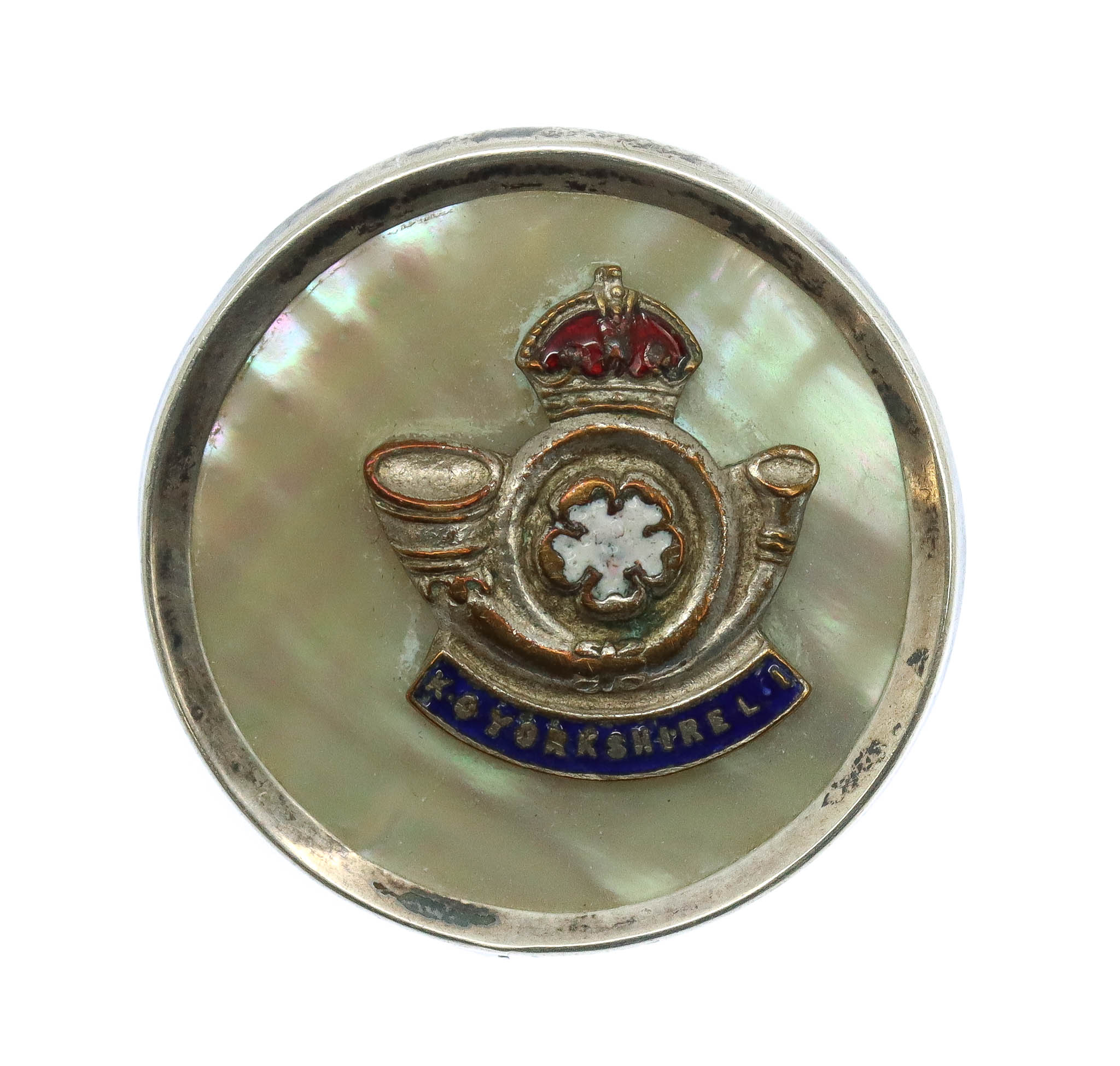 King's Own Yorkshire Light Infantry (K.O.Y.L.I.) Mother of Pearl & Silver Rim Sweetheart Brooch
