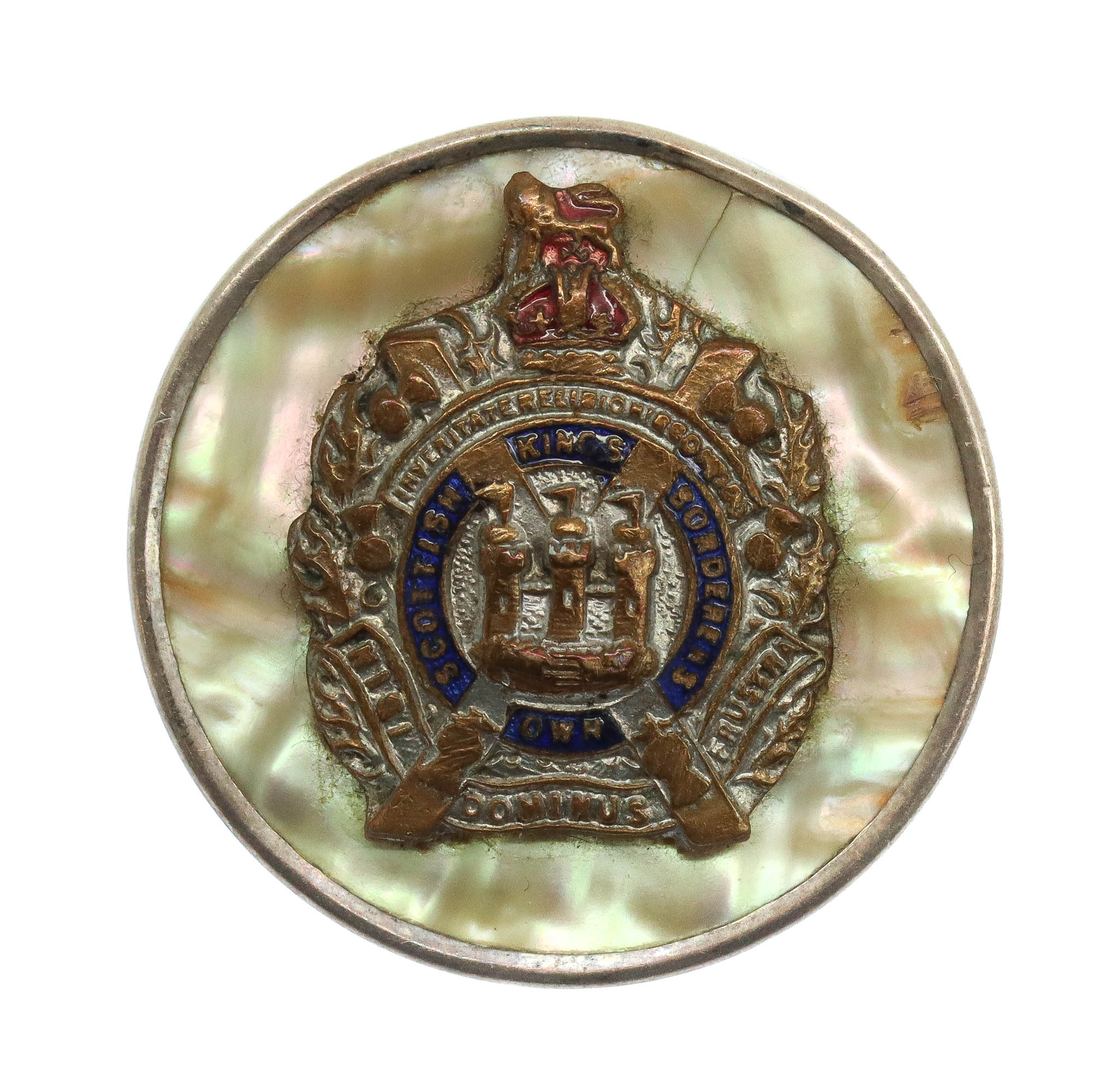 King's Own Scottish Borderers (K.O.S.B.) Mother of Pearl & Silver Rim Sweetheart Brooch