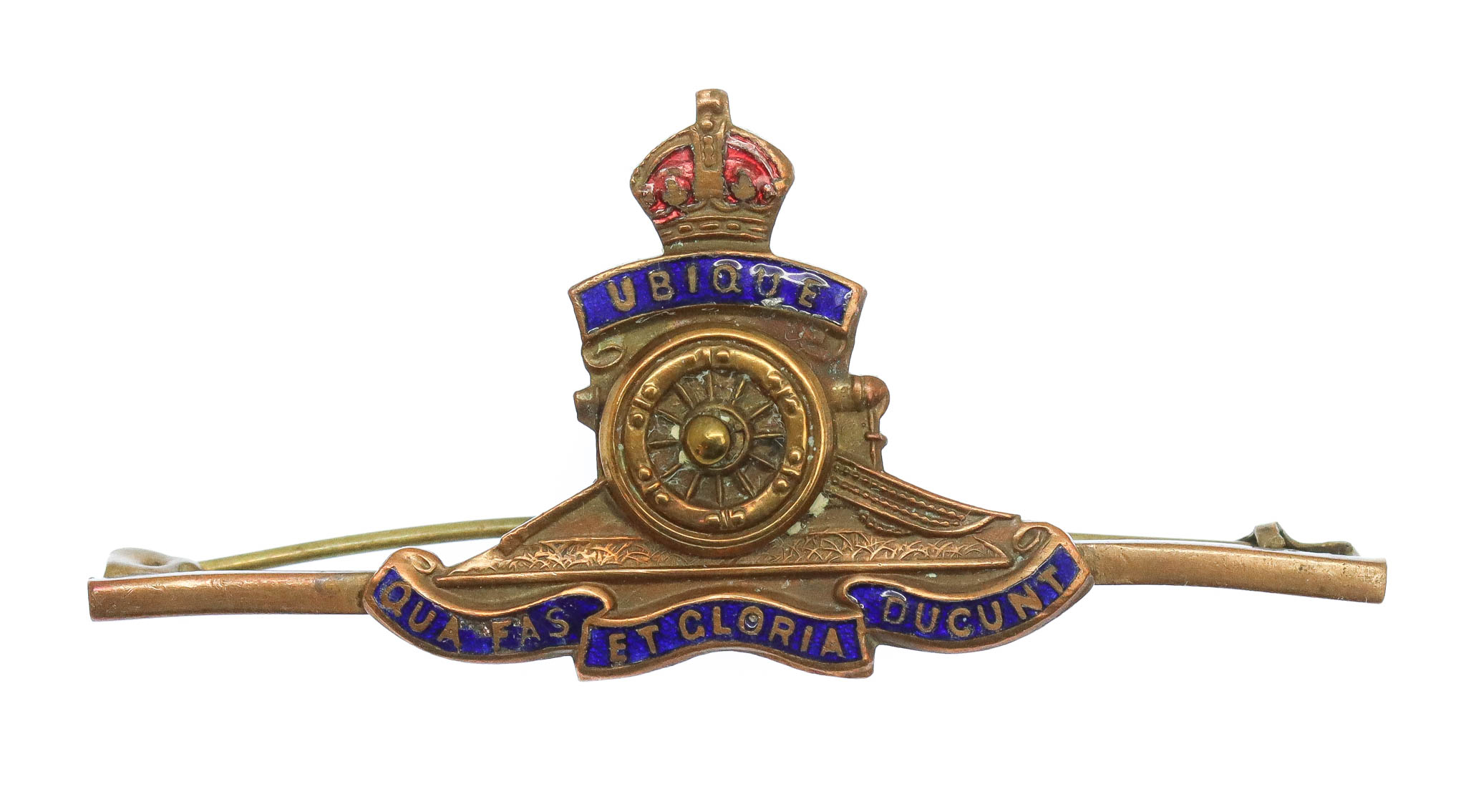 Royal Artillery Brass & Enamel Sweetheart Brooch - King's Crown (Revolving Wheel)