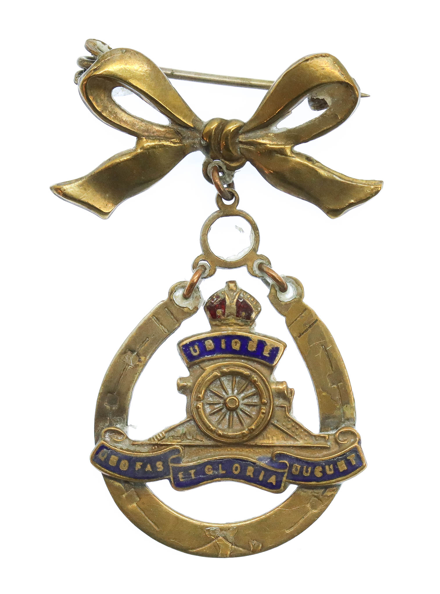 Royal Artillery Brass & Enamel Bow Suspension Sweetheart Brooch