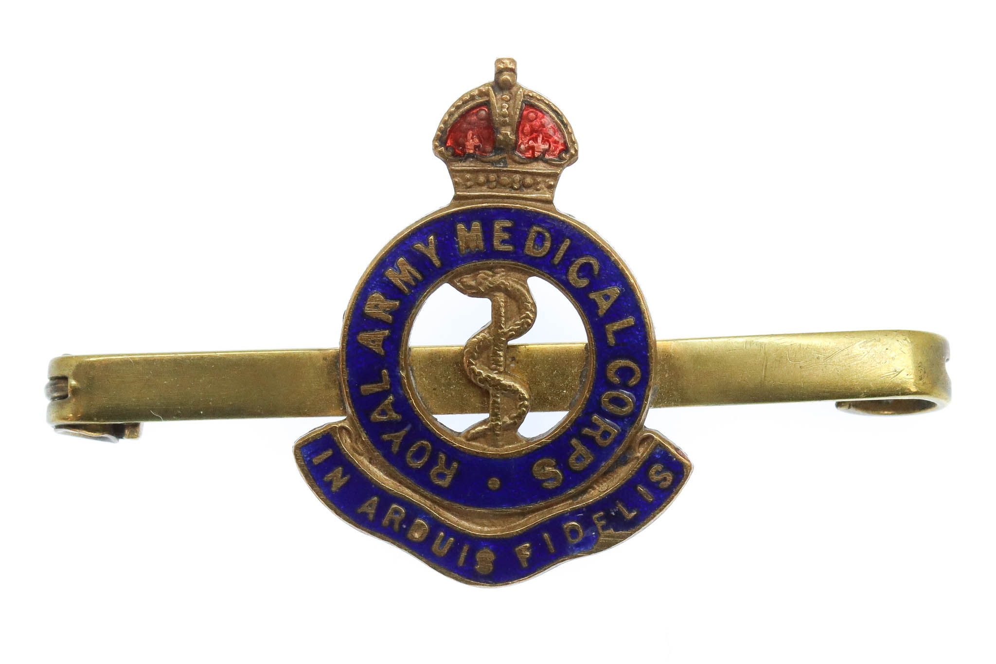 Royal Army Medical Corps (R.A.M.C.) Brass & Enamel Sweetheart Brooch - King's Crown