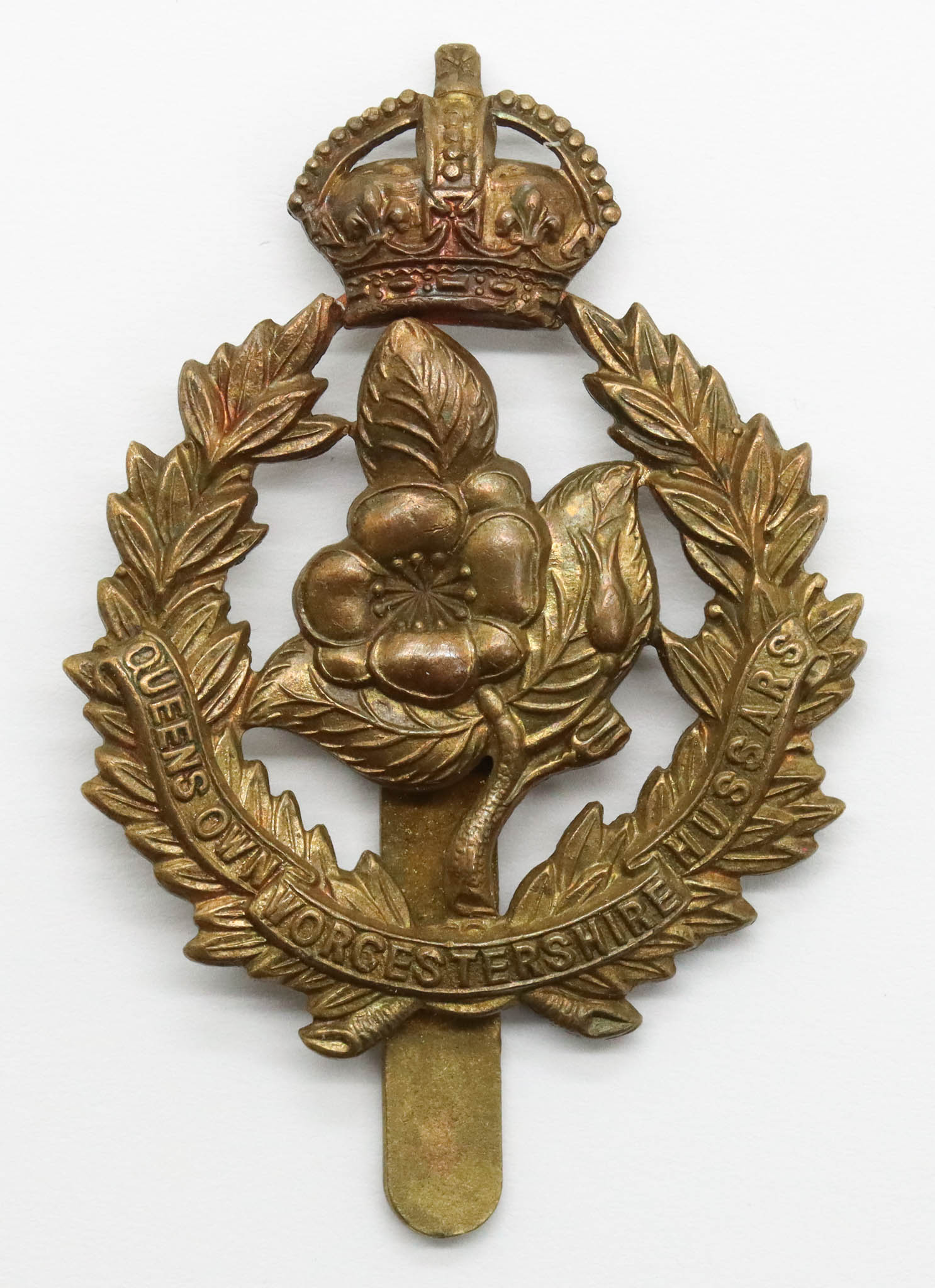 Queen's Own Worcestershire Hussars All Brass Cap Badge - King's Crown