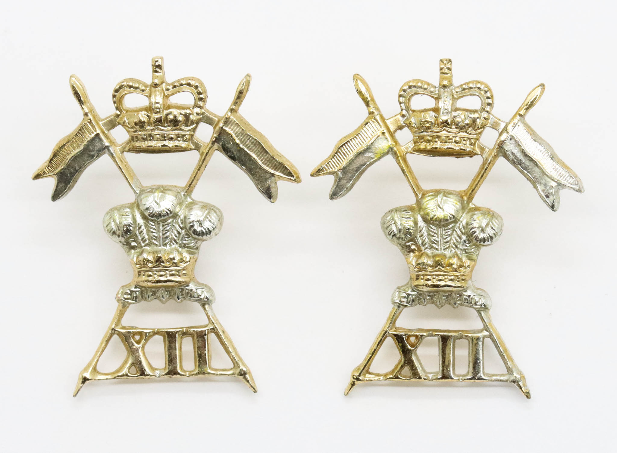 Rare Pair of 12th Royal Lancers Anodised (Staybrite) Collar Badges