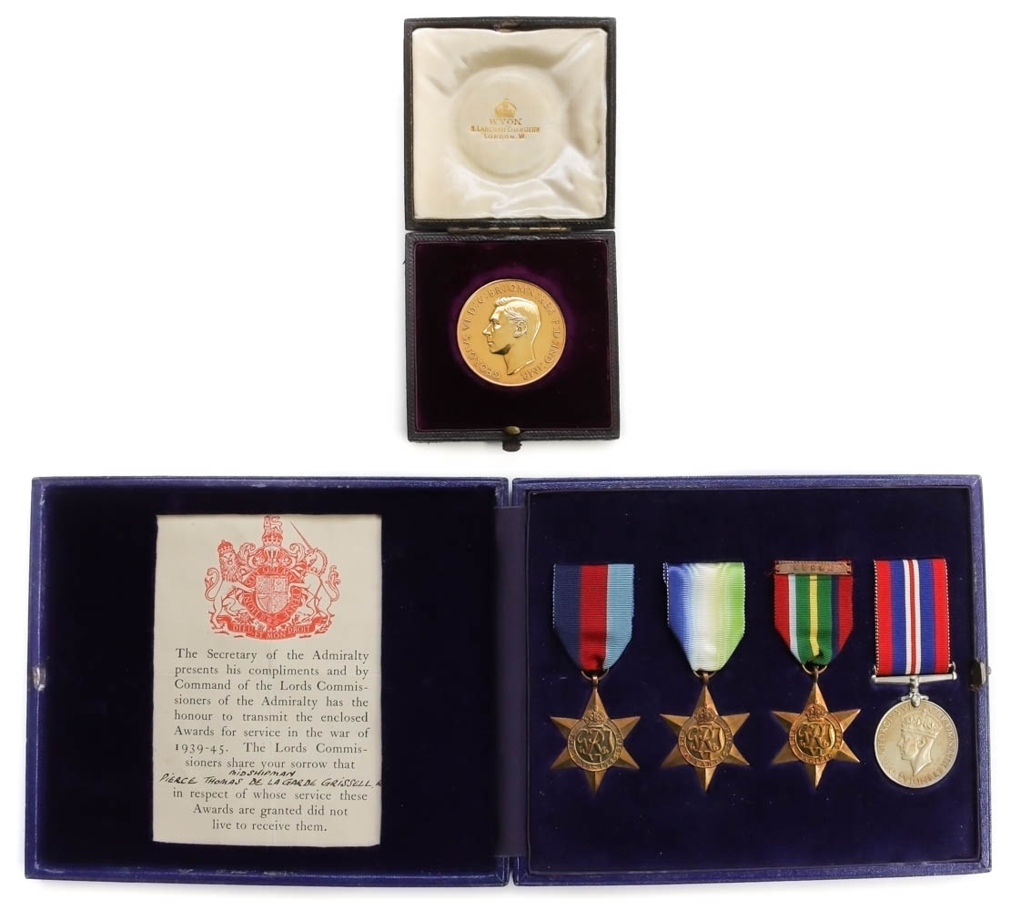 WW2 Medal Group with 9ct Gold Royal Naval College Dartmouth, King’s Medal - Midshipman P. T. de la G. Grissell, Royal Navy