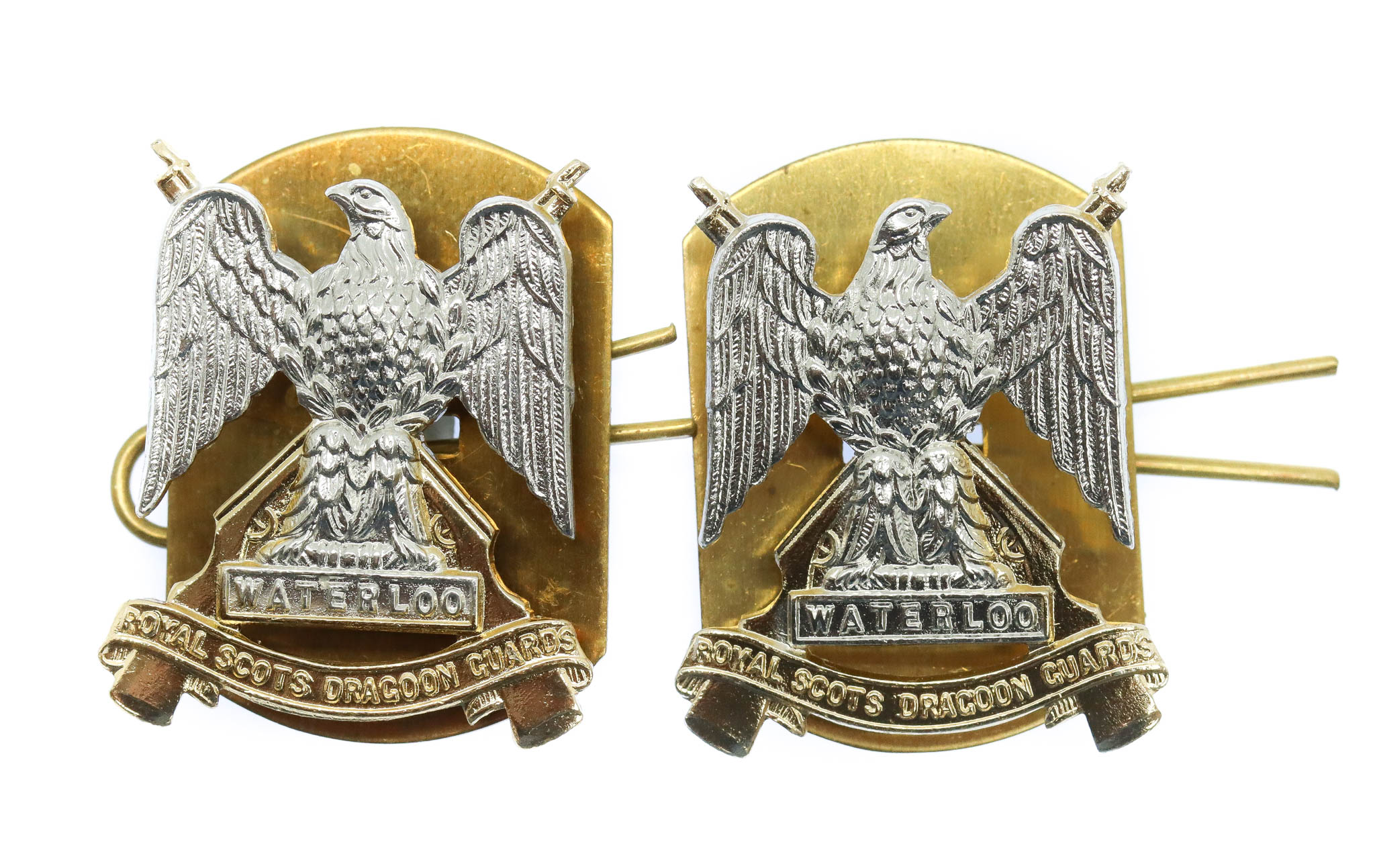 Pair of Royal Scots Dragoon Guards Anodised (Staybrite) Collar Badges