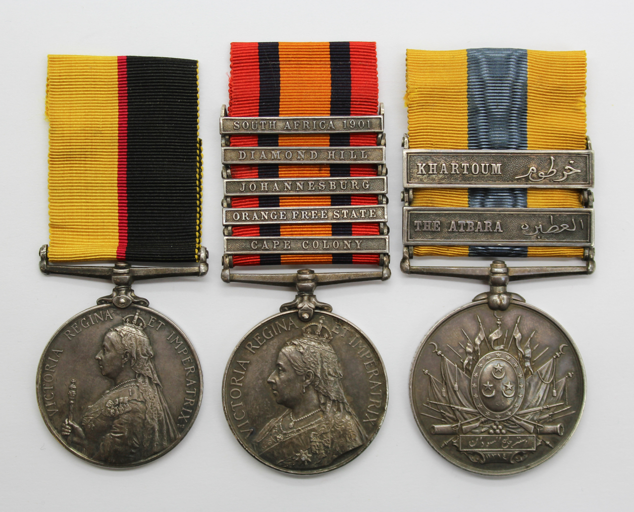 Queen's Sudan, QSA (Clasps - Cape Colony, Orange Free State, Johannesburg, Diamond Hill, South Africa 1901) and Khedives Sudan (Clasps - The Atbara, Khartoum) Medal Group of Three - Cpl. C. Morrison, Cameron Highlanders