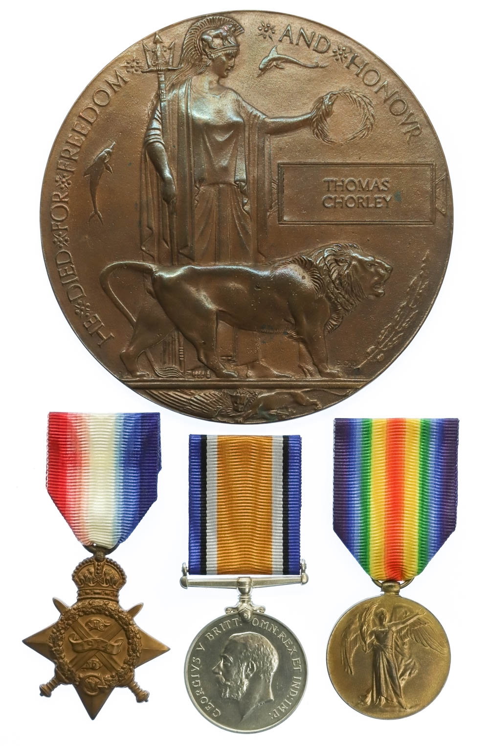 WW1 1914 Mons Star Medal Trio and Memorial Plaque - Cpl. T.P. Chorley, 2nd Bn. East Lancashire Regiment - K.I.A.