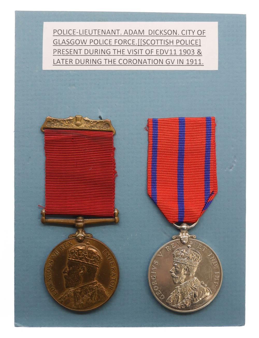 1903 and 1911 Scottish Police Medal Pair - Lieut. Adam Dickson, City of Glasgow Police