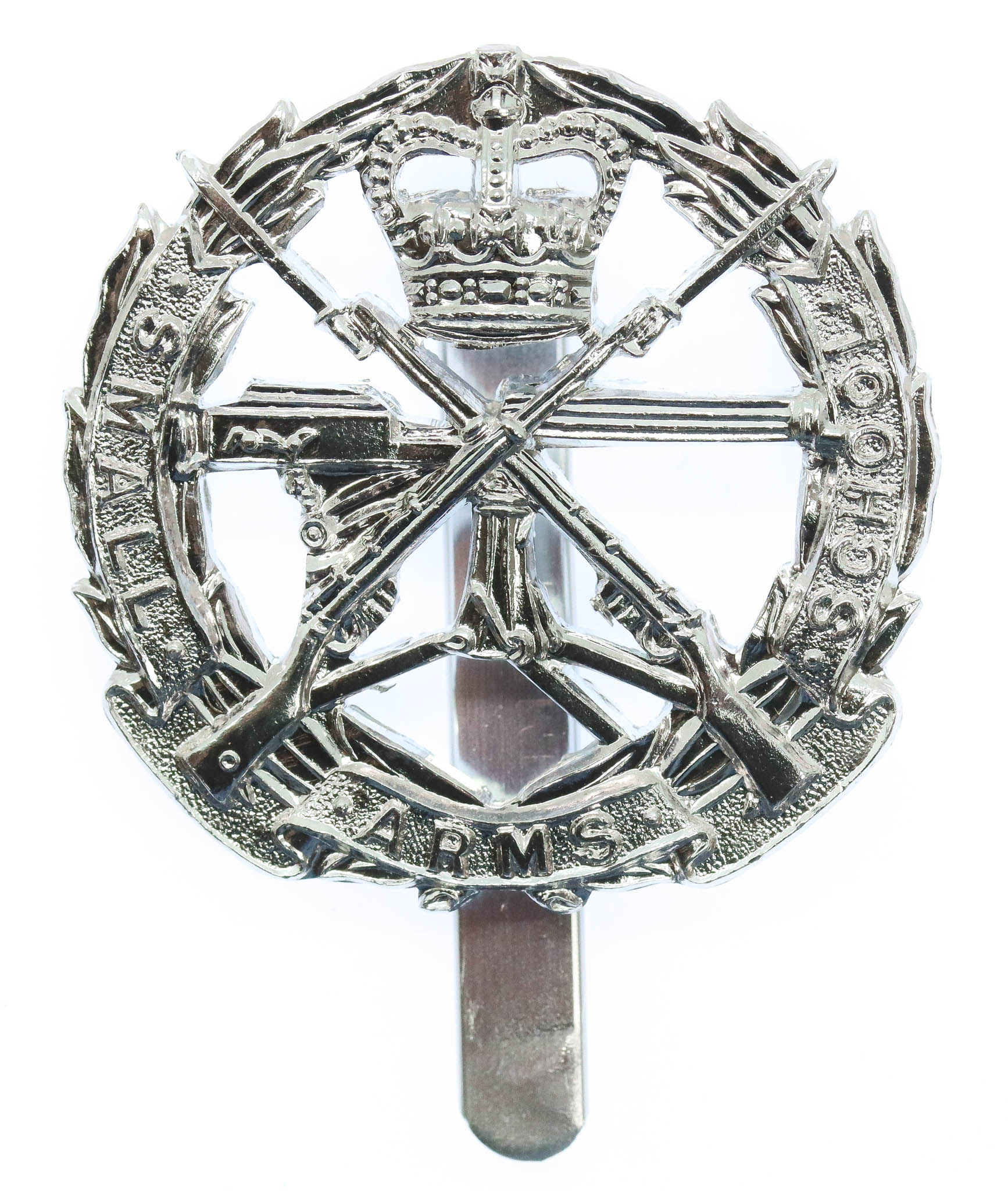 Small Arms School Corps Anodised (Staybrite) Cap Badge