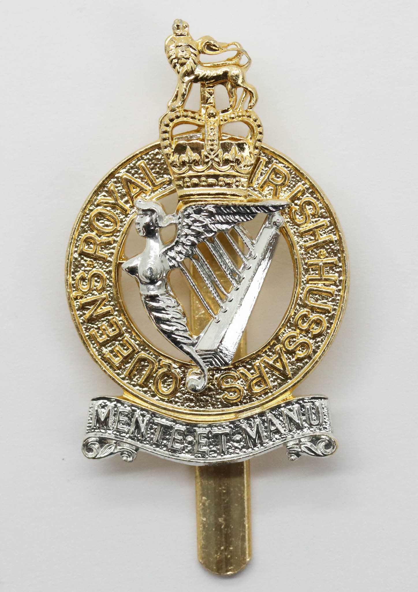 Queen's Royal Irish Hussars Anodised (Staybrite) Cap Badge - Queen's Crown