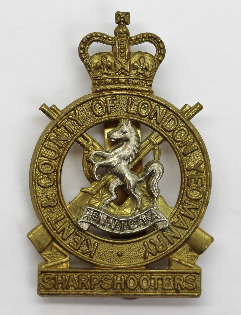 Kent & County of London Yeomanry (Sharpshooters) Bi-metal Cap Badge - Queen's Crown